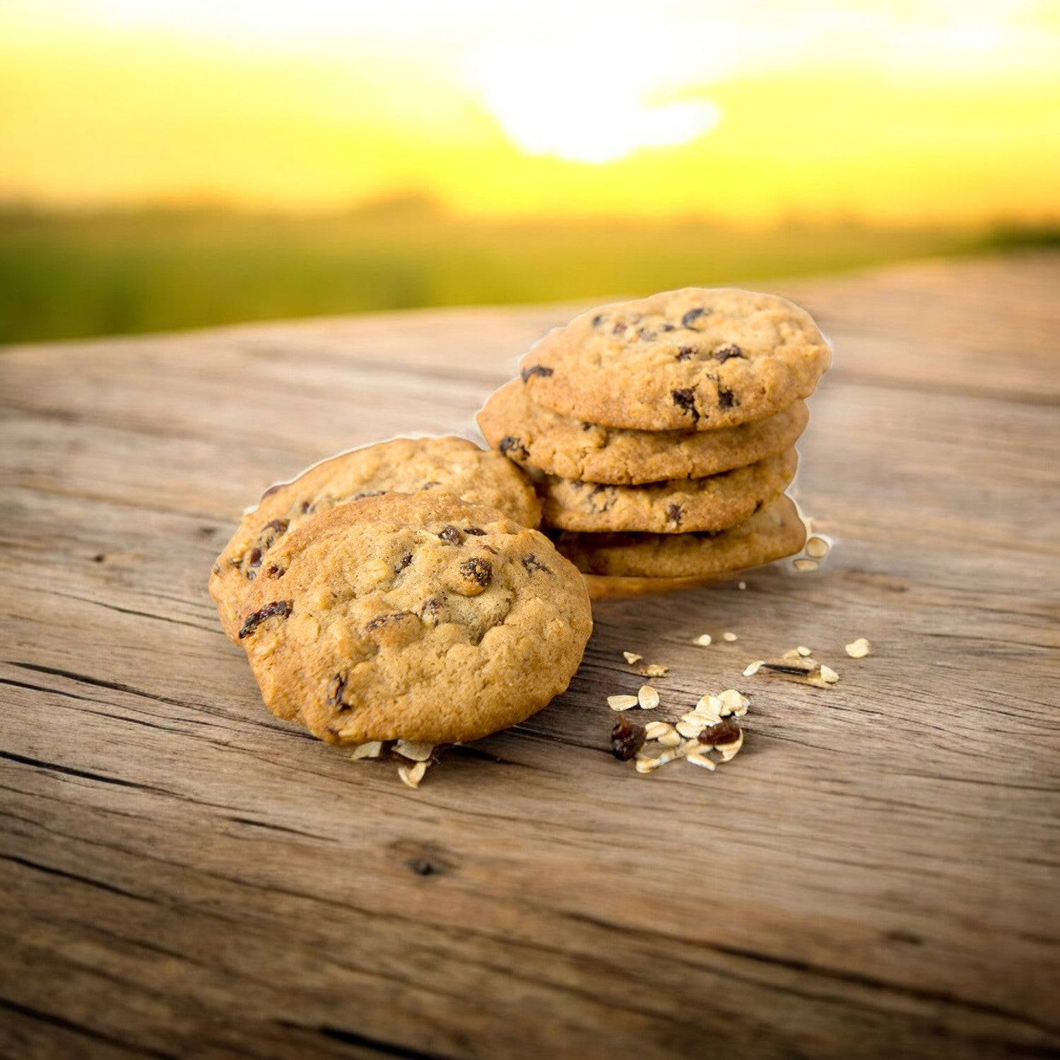 A stack of David's Cookies Oatmeal Raisin cookies sits on a wooden surface next to scattered oats, against a blurred outdoor sunset backdrop.