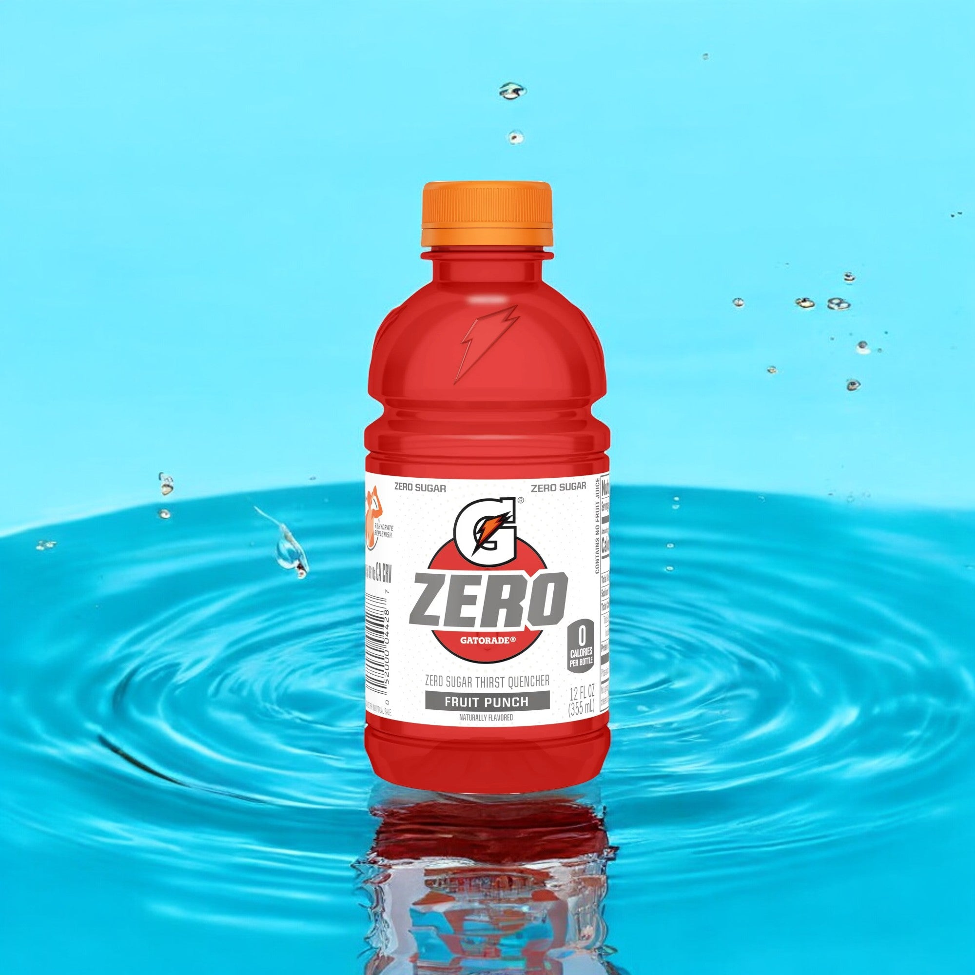 A mini 12 oz bottle of Gatorade Zero Sugar Thirst Quencher, Fruit Punch Sports Drink with an orange cap, floating on water with splashes around it. The background is light blue, emphasizing hydration and recovery.