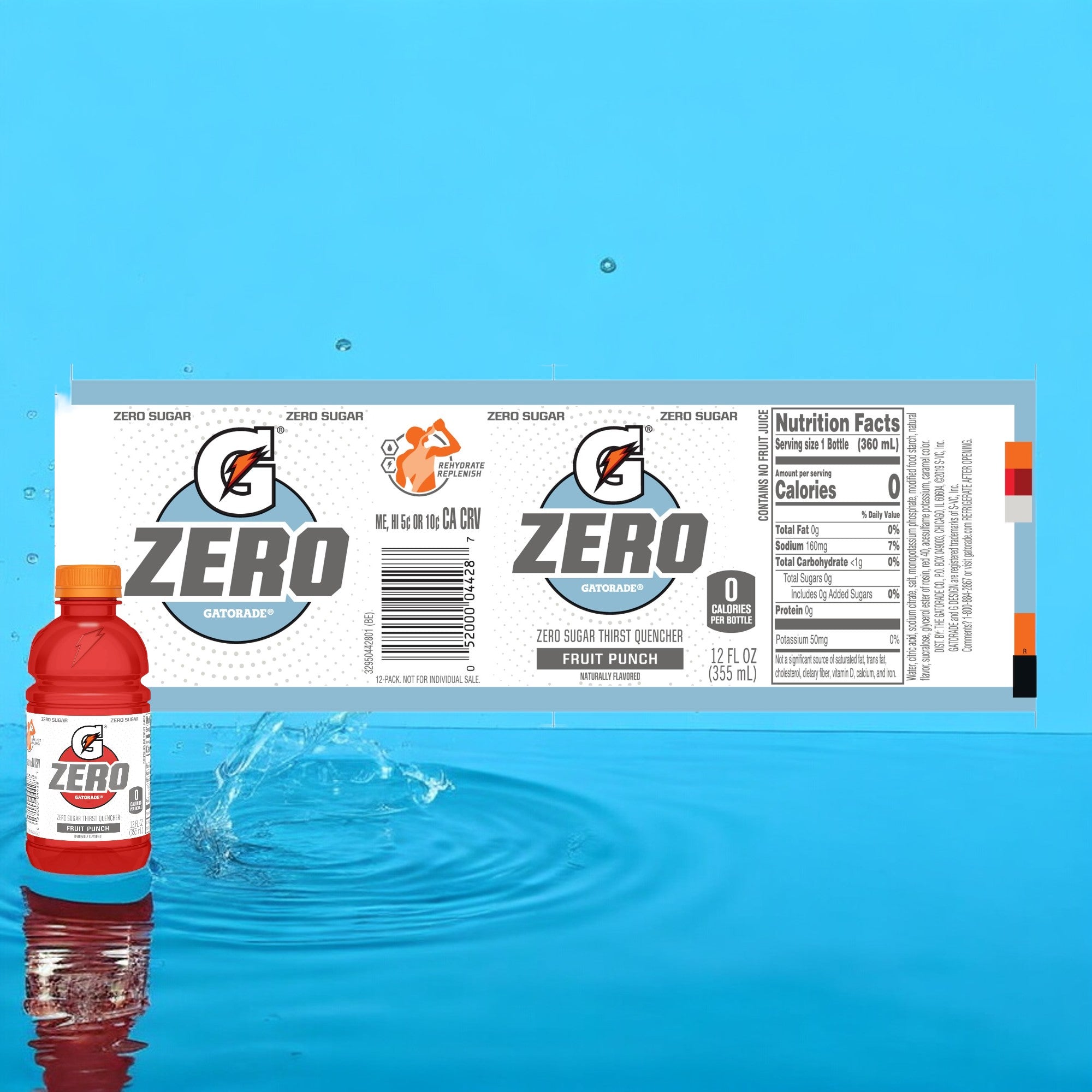 A bottle of Gatorade Zero Sugar Thirst Quencher in Fruit Punch flavor is displayed, ideal for hydration and recovery. The label highlights critical product details, including ingredients and nutrition facts that emphasize zero sugar. The backdrop showcases a dynamic water splash.