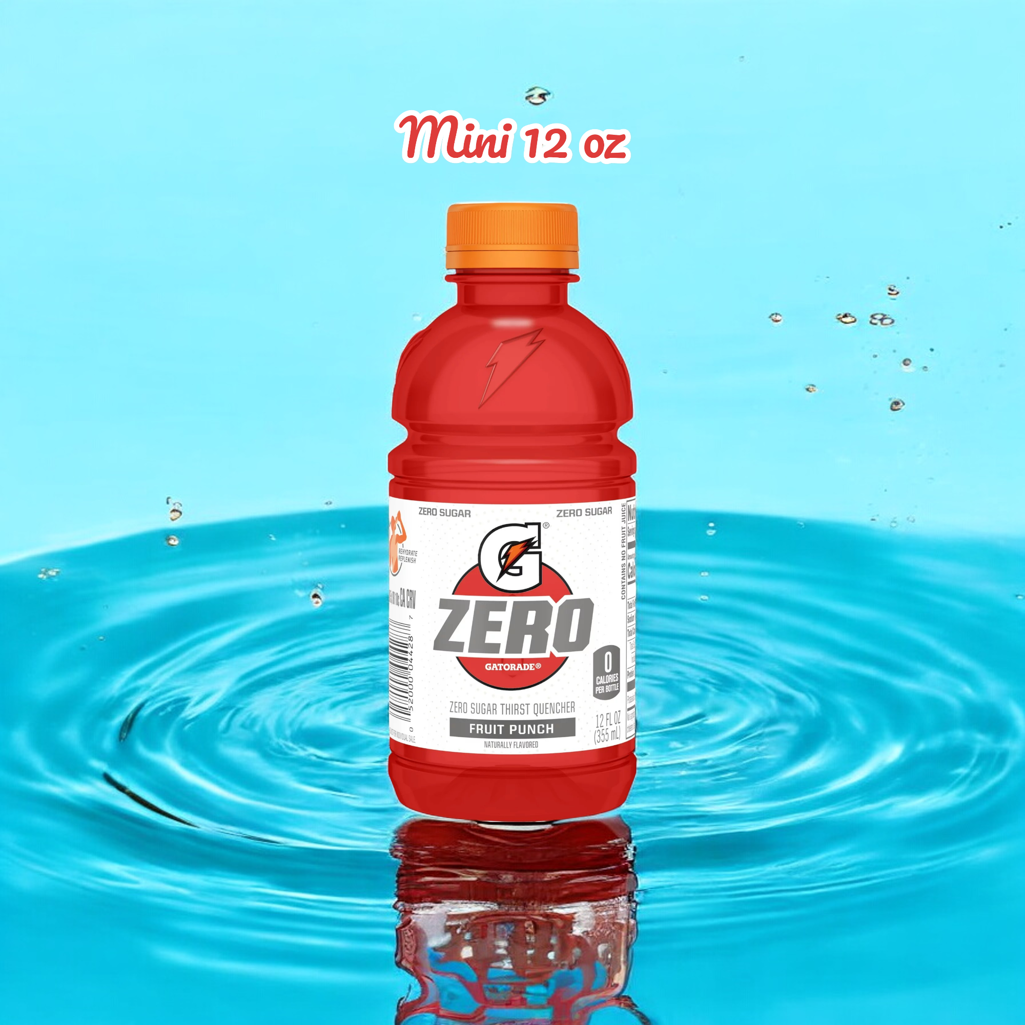 A bottle of Gatorade Zero Sugar Thirst Quencher, Fruit Punch Sports Drink - Mini 12 oz, is set against a backdrop of splashing water. Above the bottle, text reads "Mini 12 oz". Ideal for hydration and recovery.