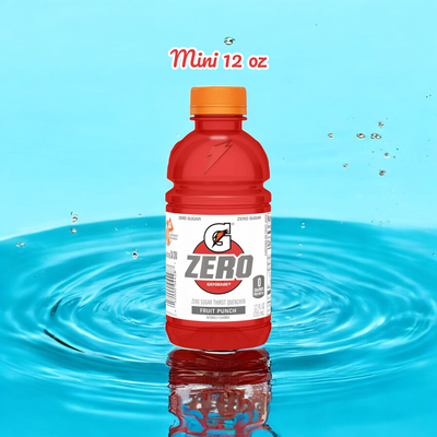 A bottle of Gatorade Zero Sugar Thirst Quencher, Fruit Punch Sports Drink - Mini 12 oz, is set against a backdrop of splashing water. Above the bottle, text reads "Mini 12 oz". Ideal for hydration and recovery.