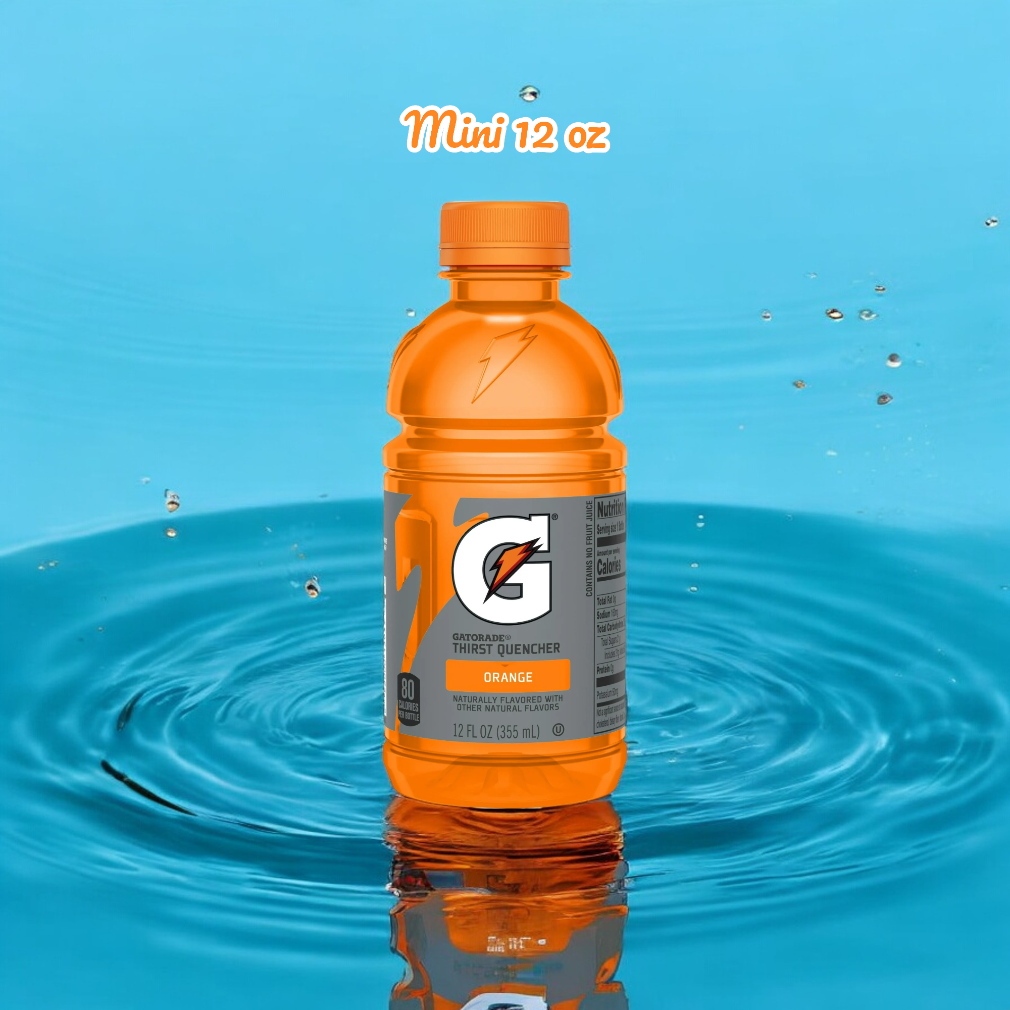 A Gatorade G Orange Thirst Quencher Sports Drink - Mini 12 oz - 1 Count, from the renowned brand Gatorade, sits surrounded by blue water with droplets and ripples. The label prominently features nutrition facts and the iconic lightning bolt logo, promising superior hydration through excellent electrolyte replenishment.