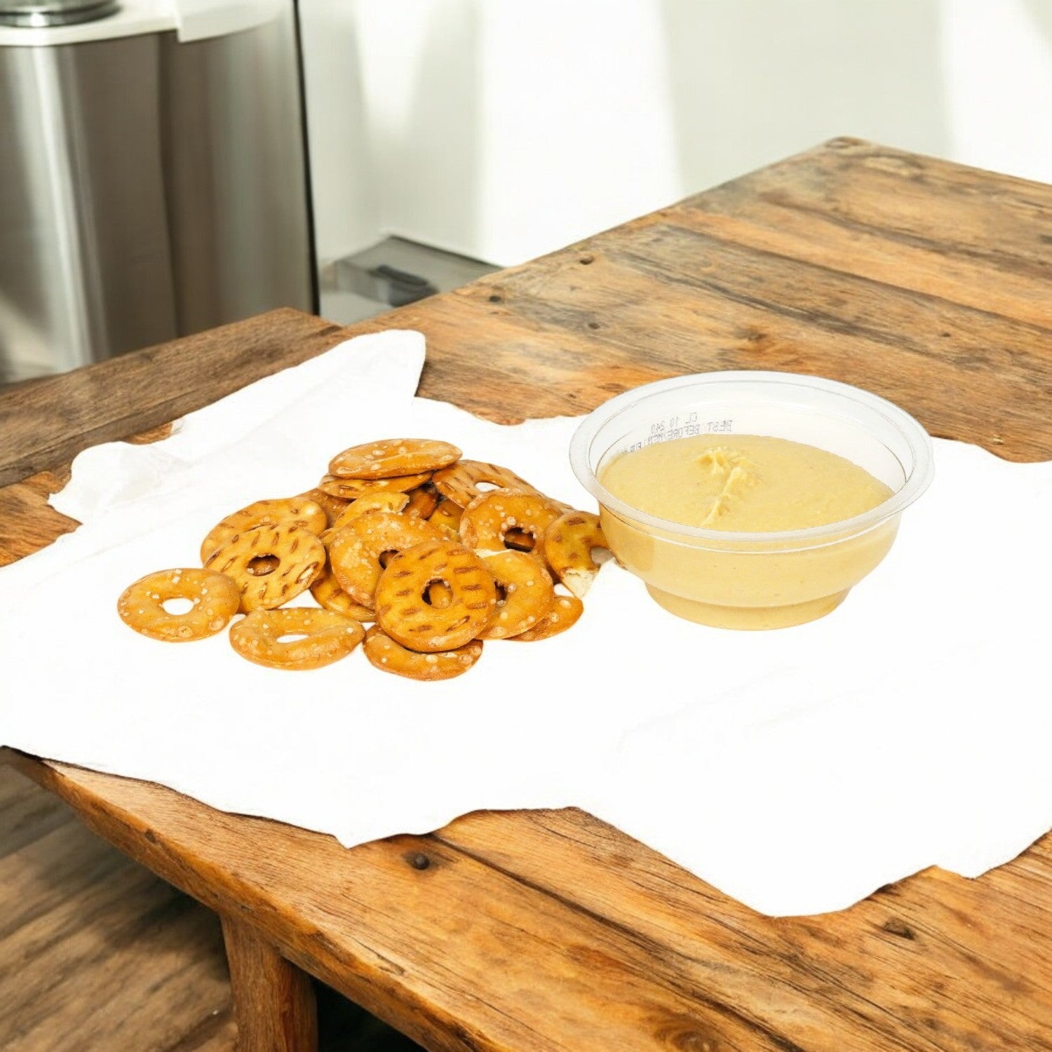 A paper napkin holds Sabra Classic Hummus with Pretzels beside its plastic container on the wooden table, offering an invitingly spicy snack experience.