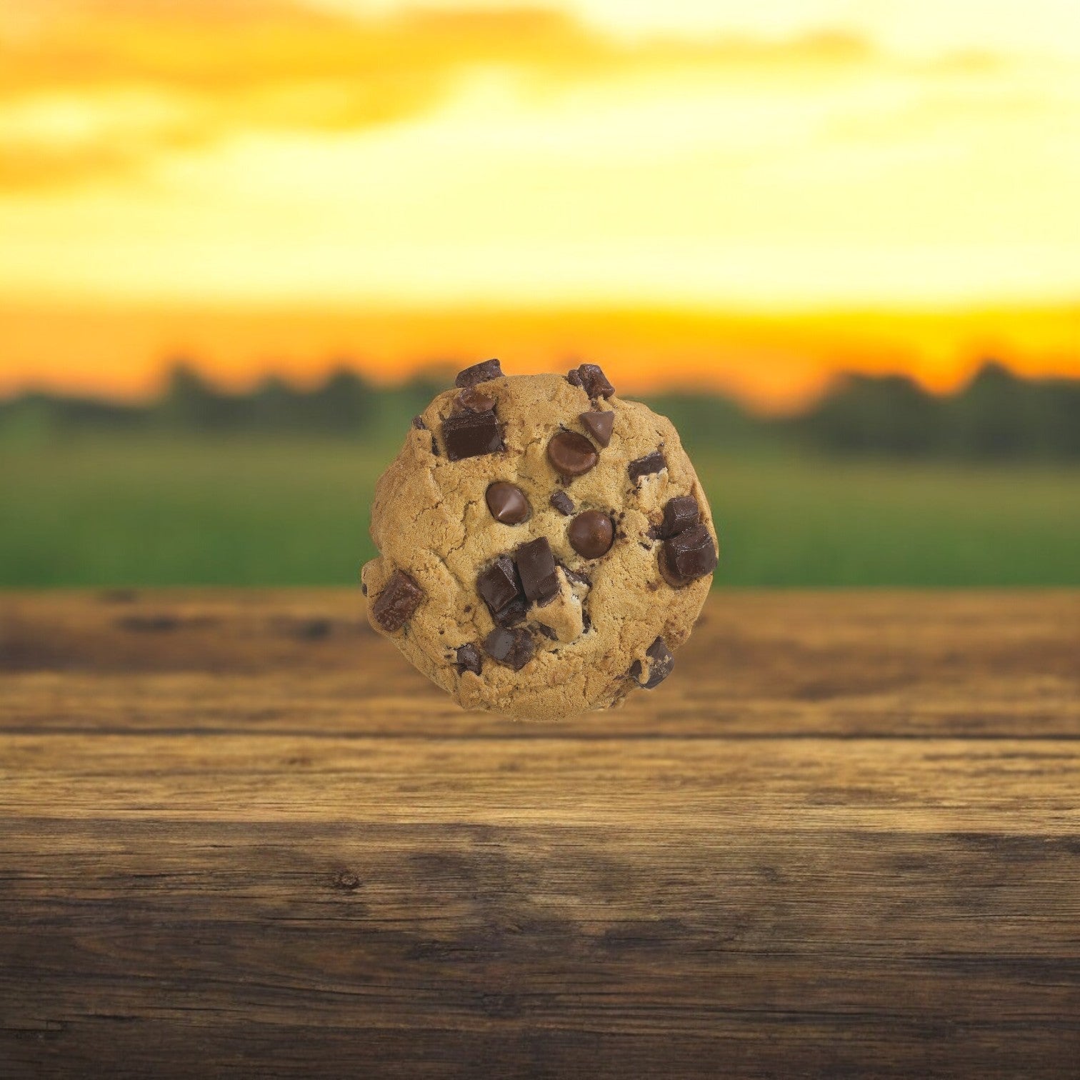 David's Cookies Dough Cookie - Triple Chocolate (80/4.5 oz) is a delight for chocolate lovers, featuring a warm cookie by David's Cookies on a wooden surface as the sunset casts a golden glow.