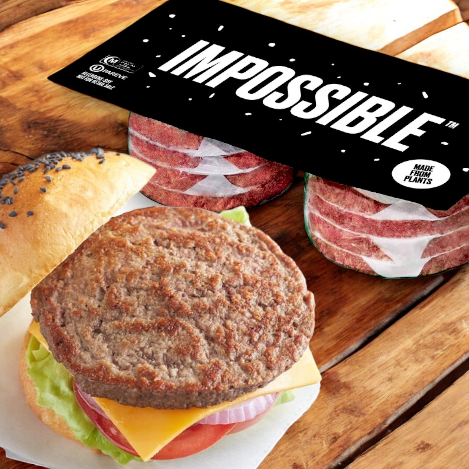 An Impossible Foods plant-based burger sits on a rustic surface, topped with lettuce, cheese, and onion in a bun. Its package label reads: Impossible Burger- Vegetarian Impossible 1/4 Pound Frozen (40/4 OZ).