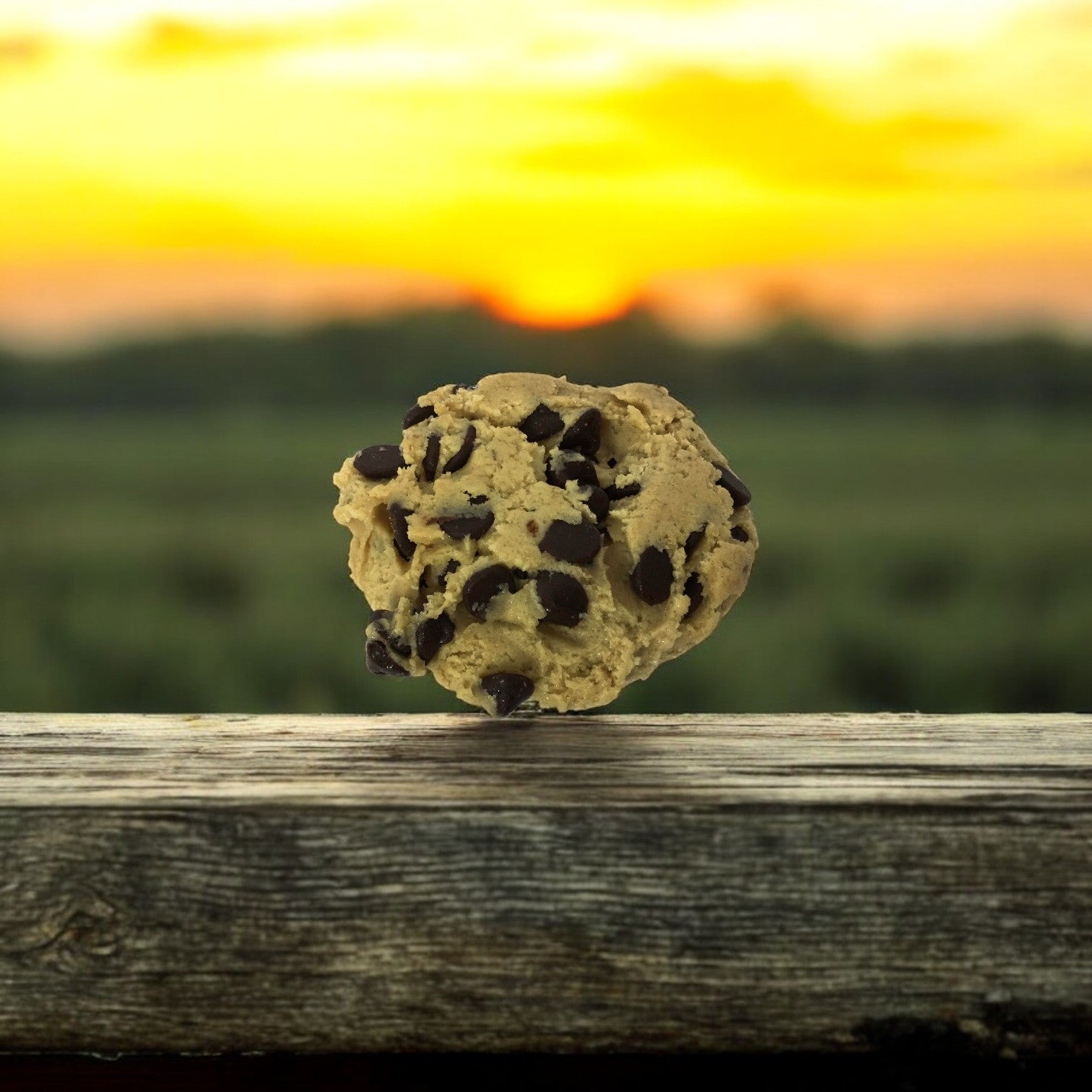 A David's Cookies Dough Chocolate Chip (Raw, 80/4 oz) cookie rests on a wooden surface with a blurred sunset in the background.