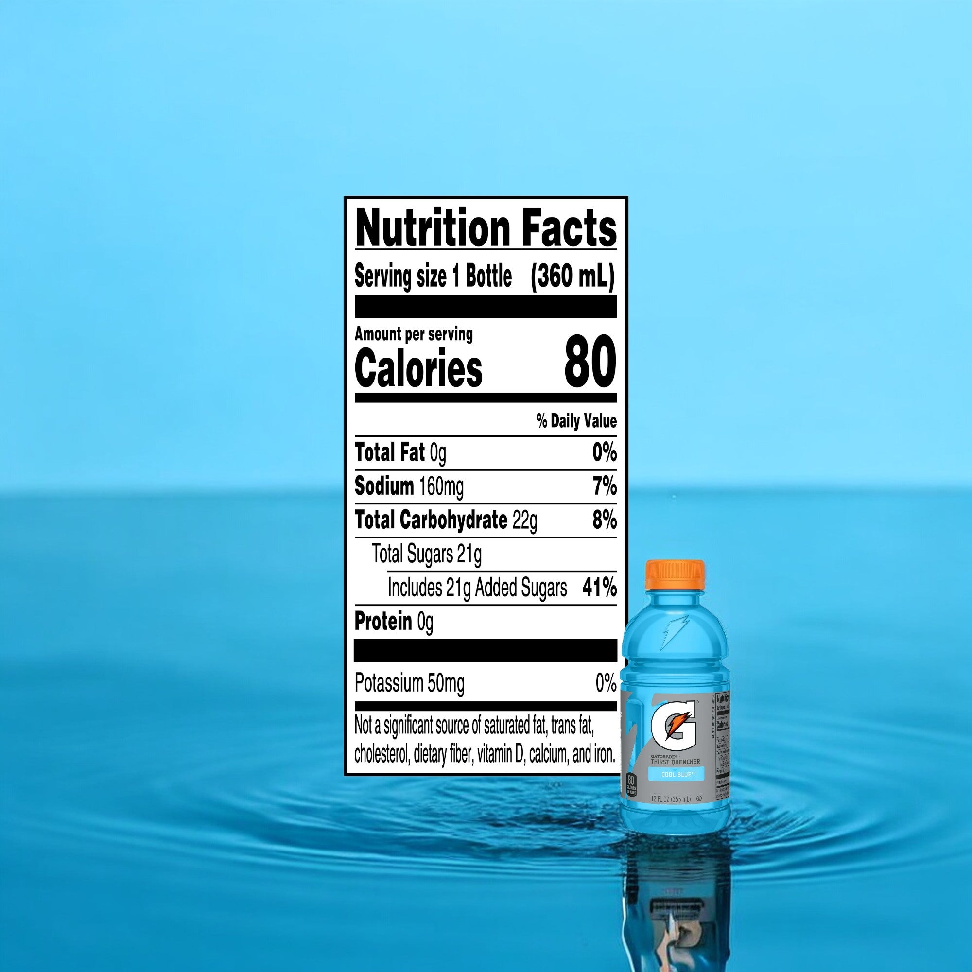 A bottle of Gatorade Cool Blue Thirst Quencher Sports Drink - Mini 12 oz floats on water with a nutrition facts label displayed beside it, showing 80 calories and 22g of total carbs per serving. Experience superior hydration and replenish electrolytes with every sip of this Gatorade classic.