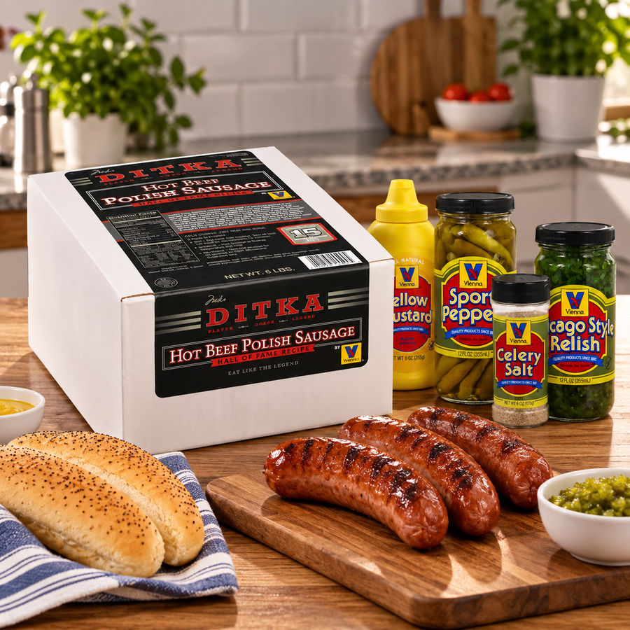 Combo: Ditka Hot Beef Polish Sausage + Vienna Beef Condiment Kit