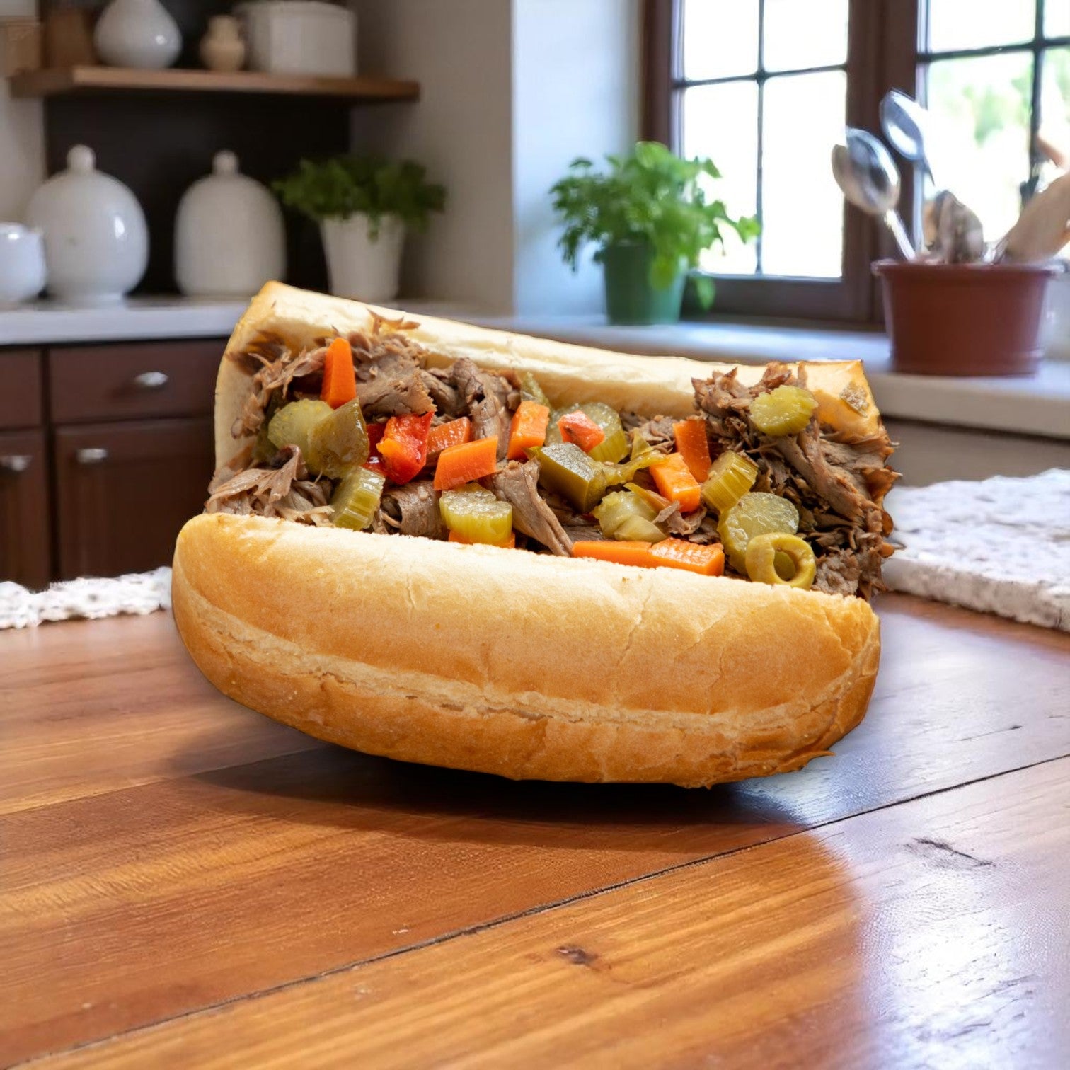 A sandwich with shredded beef, carrots, and celery sits on a wooden kitchen table, served on Vienna Beef Turano Chicago Style French Bread – 6", with a window in the background.