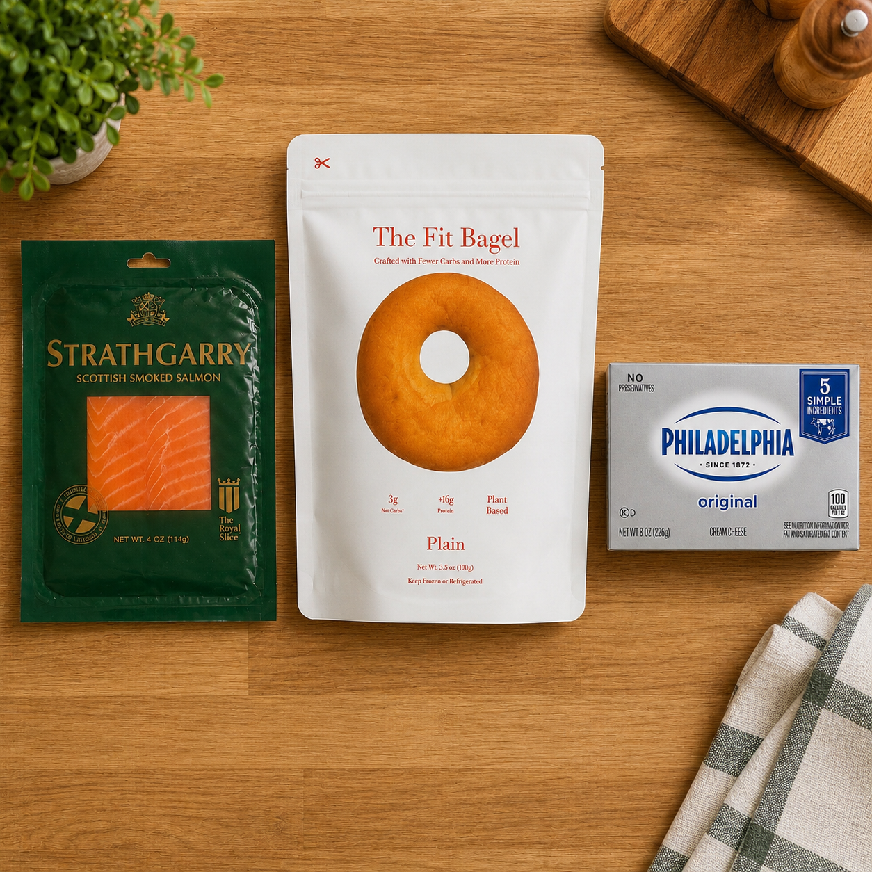 Smoked Salmon Bagel Combo – Strathgarry Scottish Smoked Salmon, Philadelphia Cream Cheese & Fit Bagel, 3 Count Bundle