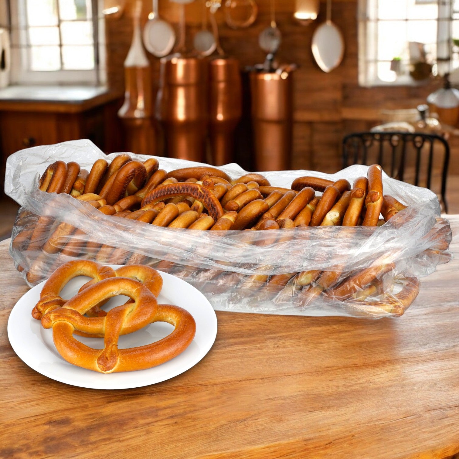 A large basket of SUPERPRETZEL Soft Baked Kingsize Pretzels – 50 Count (5 oz each) wrapped in plastic sits on a wooden table, with one Super Pretzel kingsize pretzel on a white plate in front.