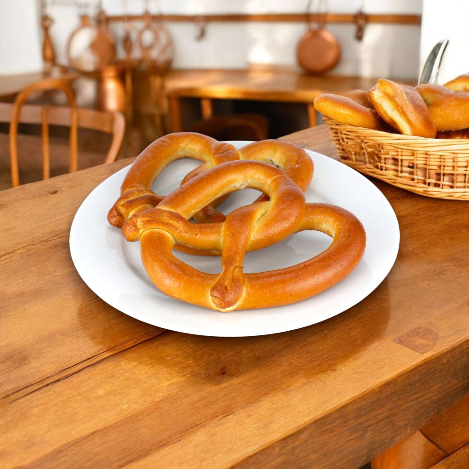 On a wooden table, two Super Pretzel Soft Baked Kingsize Pretzels rest on a white plate, while a wicker basket in the background is filled with more of these satisfying 5 oz pretzels from the 50 count pack.