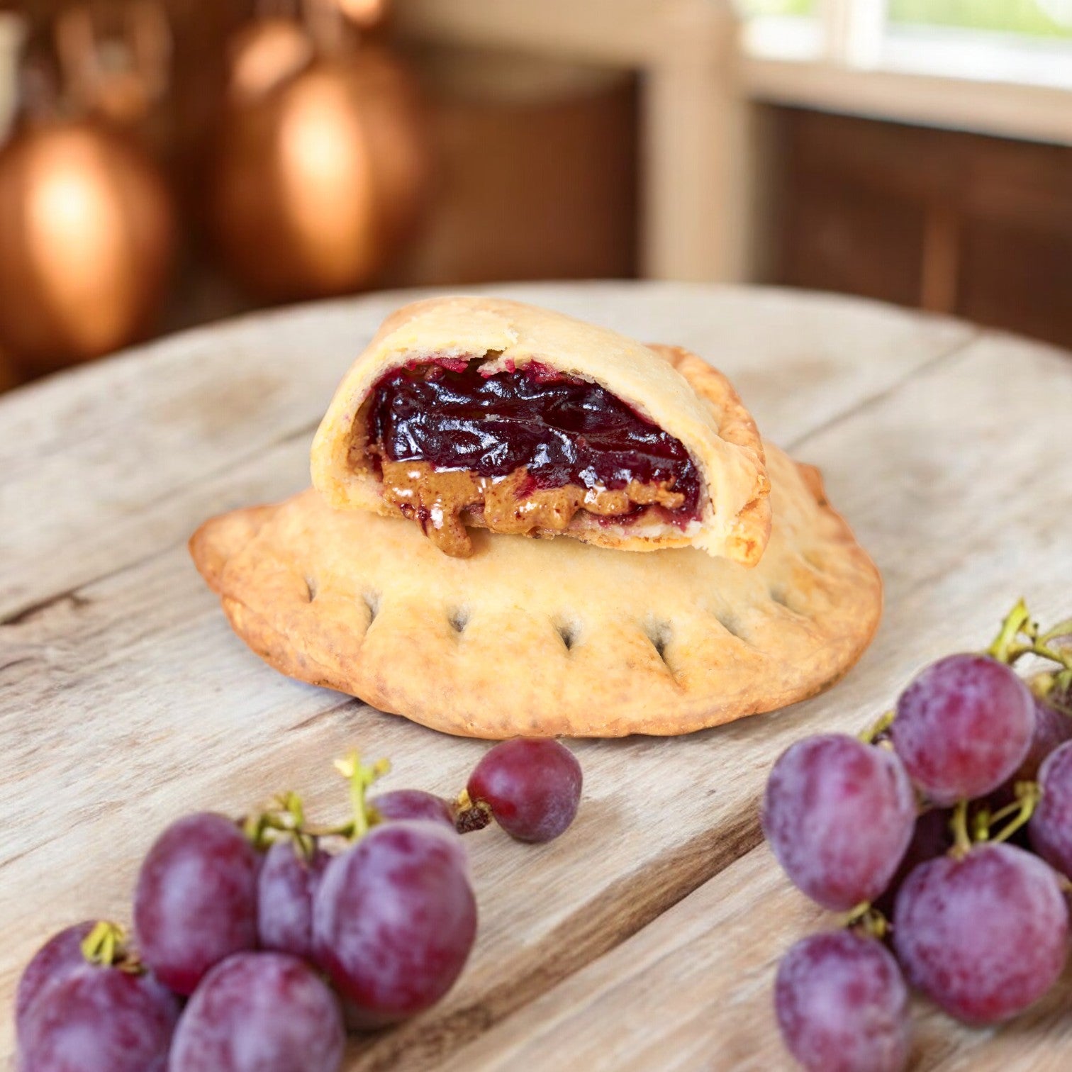 A gluten-free Berryfields Almond Butter & Grape Sandwich from the 8 oz. - 3 Count pack is placed on a wooden surface, surrounded by fresh red grapes.