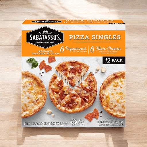 A package of Easy Lunches' Sabatasso's Pizza Singles includes 12 mini pizzas—6 pepperoni and 6 four-cheese varieties—and weighs 49.8 ounces, with the versatile tagline "Microwave, Oven Bake or Air Fry.