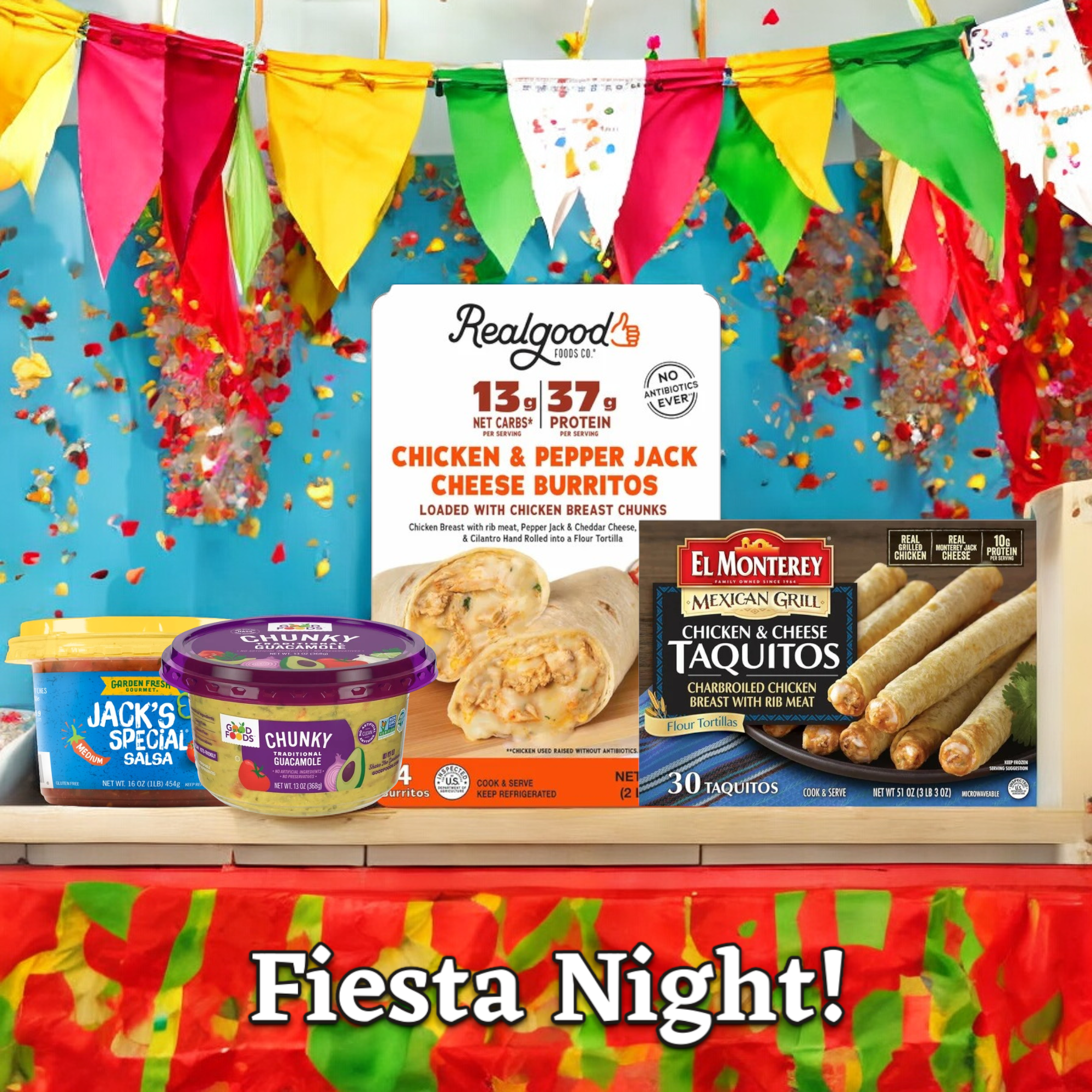 Fiesta-themed setup with colorful banners and confetti. Featured are a tub of Jack's Special Salsa, Realgood Chicken & Pepper Jack Cheese Burrito, El Monterey (30pk) Chicken & Pepper Jack Cheese Taquitos, a Super Fruit Juice Box, and Chunky Guacamole—ideal for convenient dorm meals. Text reads "Fiesta Night! College Variety Bundle by Easy Lunches.