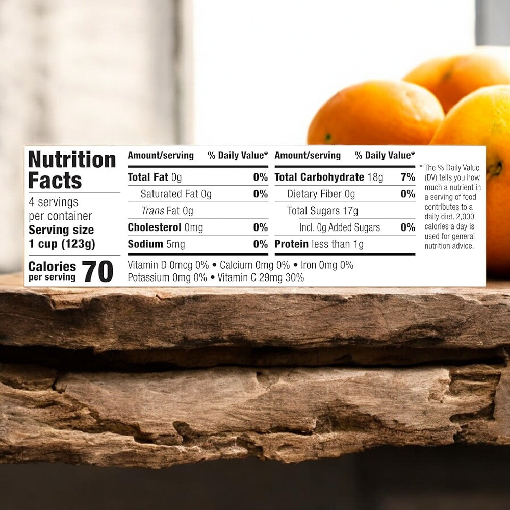 A close-up of a Dole Wiggles Orange Fruit Juice Gels nutrition facts label showing information for the food item. The serving size is 1 cup (123g), with 70 calories per serving, and other nutritional details are provided. Dole's Oranges and Fruit Juice Gels with no added sugar highlight the Vitamin C content in the background.