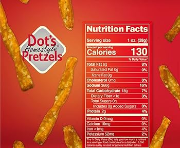 A package of Dot's Homestyle Pretzels, Original Seasoned Pretzel Twists next to its nutrition facts label, indicating 130 calories per 1 oz serving with details on fat, cholesterol, sodium, carbohydrates, protein, vitamins, and minerals. Perfectly portioned 1 oz bags from Dot's make snacking convenient and delicious.