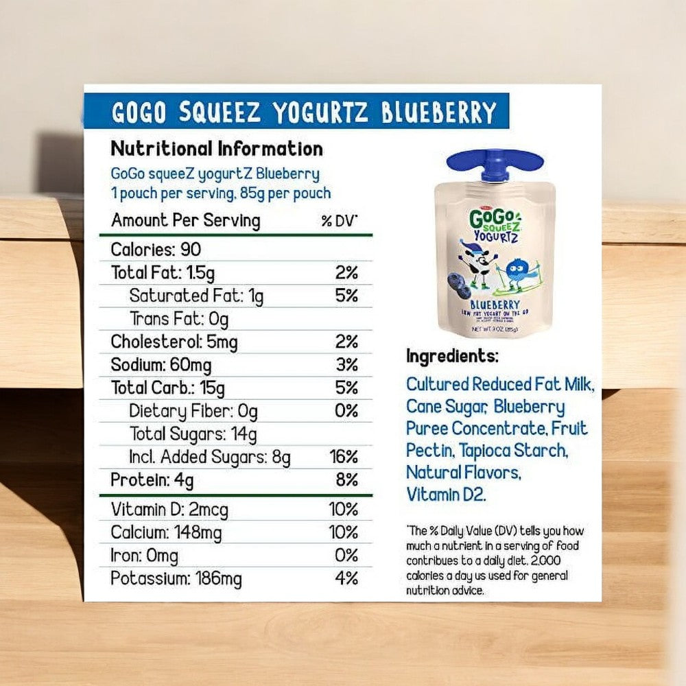 The image displays nutritional information for GoGo squeeZ® yogurtZ Blueberry, an on-the-go snack from Gogo Squeez, featuring 90 calories per 3 oz (85g) serving, with 15g of total fat, 10g of sugars, and 4g of protein. This gluten-free yogurt snack contains no preservatives. Ingredients are listed on the right.