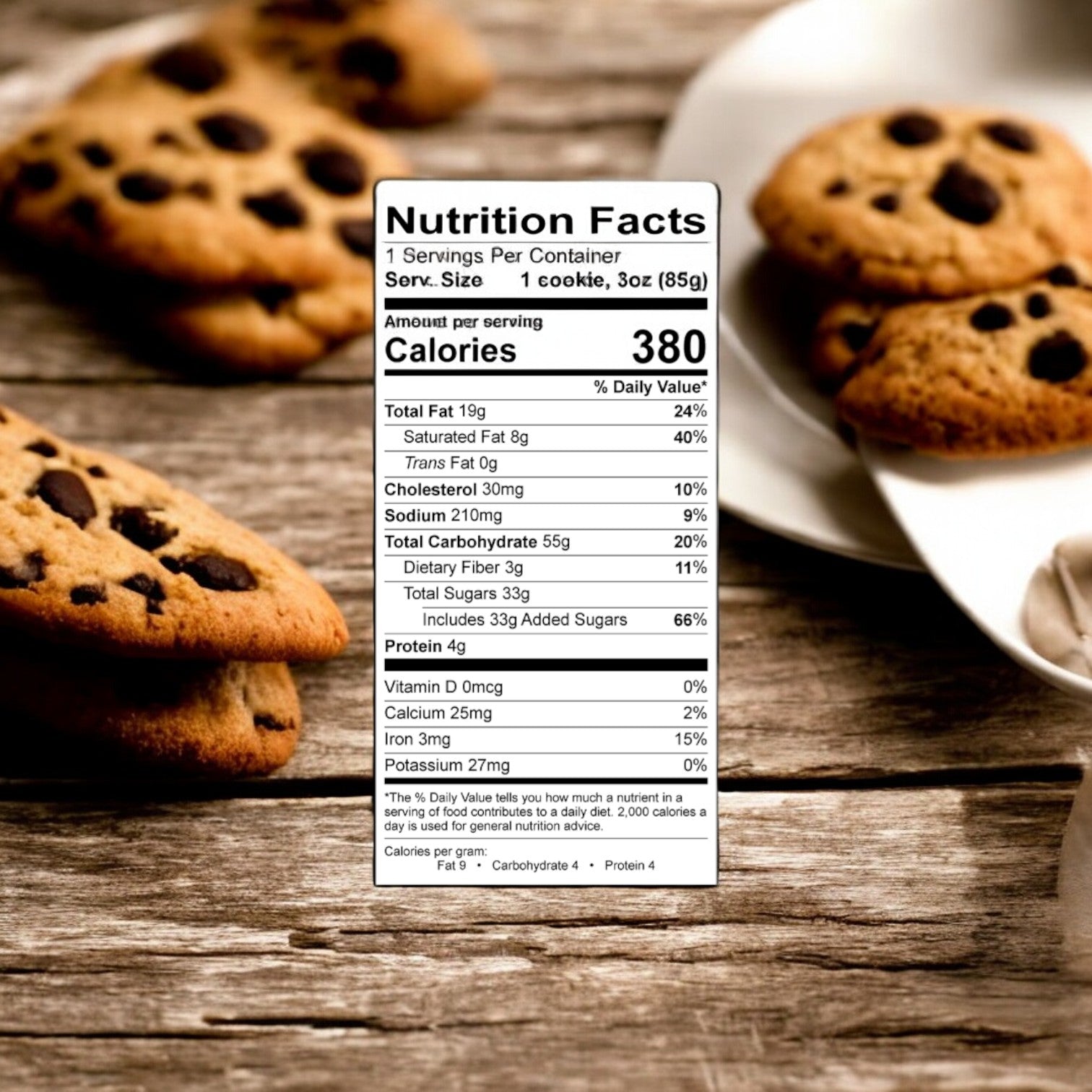 Image of David's Cookies Gluten-Free Individually Wrapped Chocolate Chip Cookie 3 oz - 1 Count arranged on a table, with a nutrition facts label overlay detailing serving size, calories, and nutritional content per serving—ideal for health-conscious consumers with dietary restrictions.