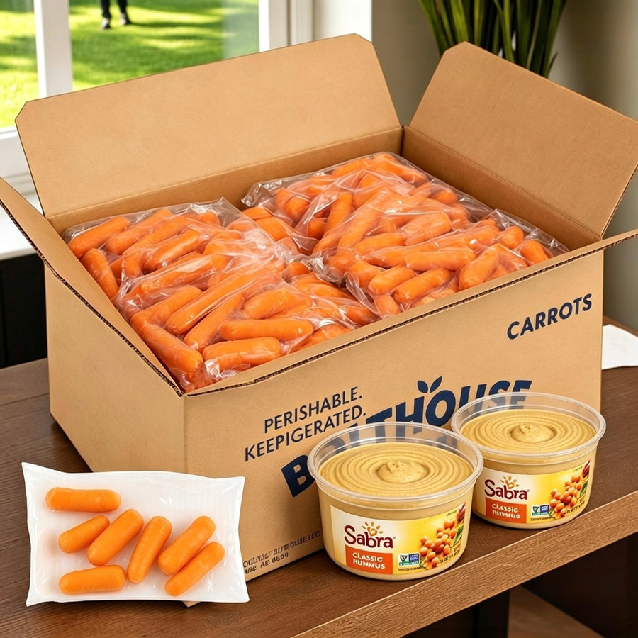 Combo Baby Cut Peeled Carrots & Sabra Classic Hummus Bulk Snack Pack (200 x 1.6 oz Carrots + 2 x 30 oz Hummus)