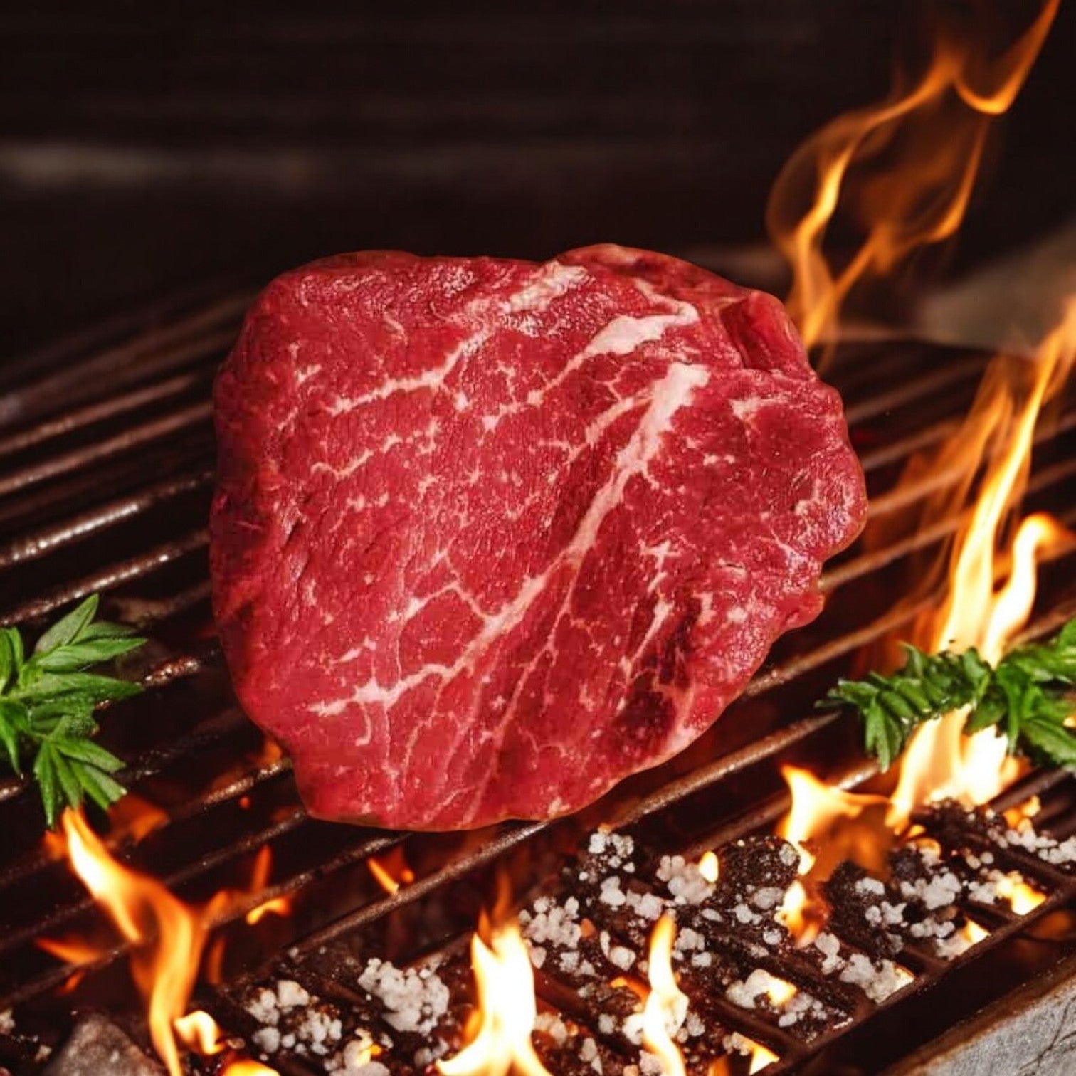 The 8-9 oz Mino Prime Steaks filet grills with exceptional tenderness and beautiful marbling, surrounded by rosemary sprigs and coarse salt for a gourmet experience.