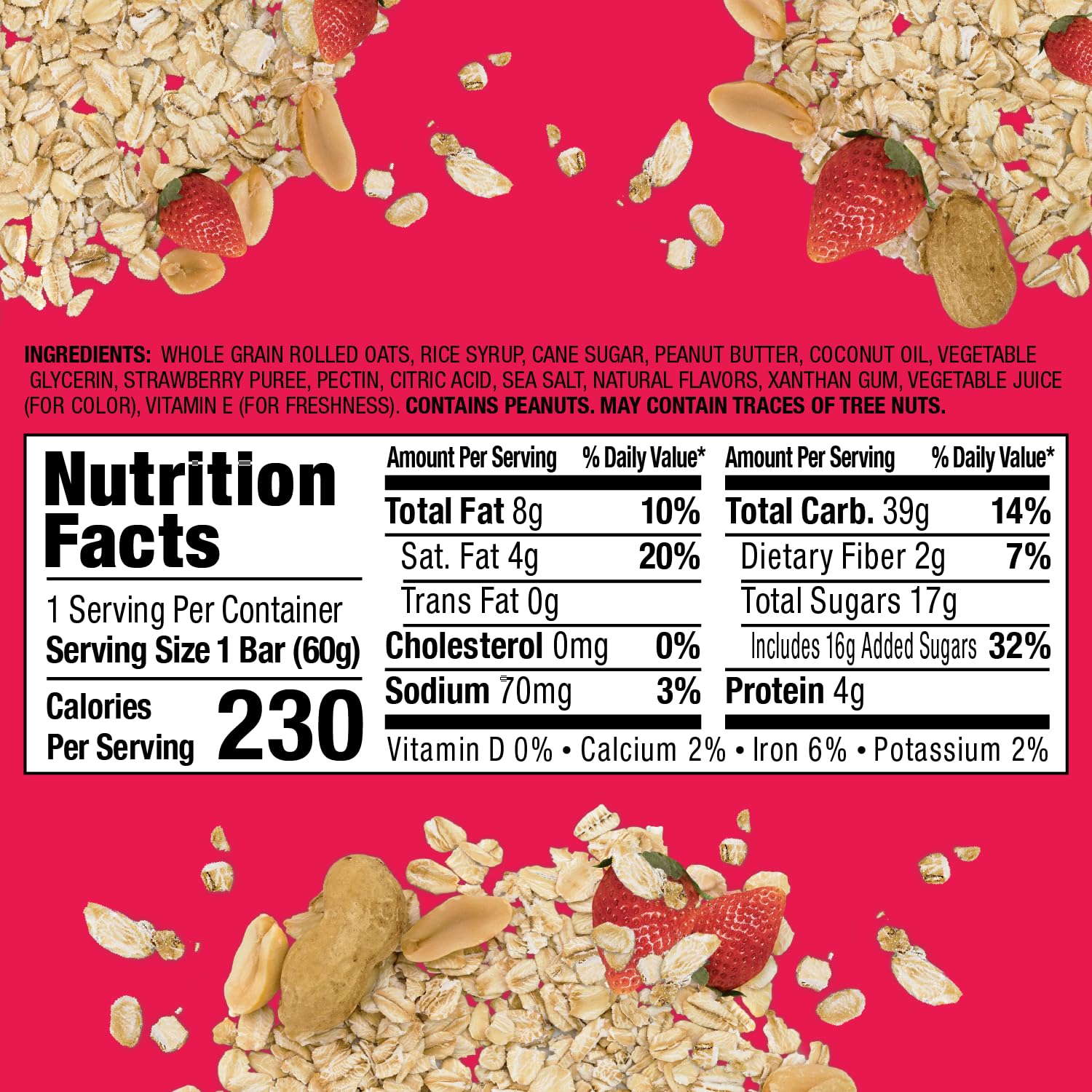 A nutrition label for Bobo's PB&Js Peanut Butter Oat Crust With Strawberry Filling, a vegan, gluten-free cereal bar, is displayed above, surrounded by scattered whole grain oats, strawberries, and nuts on a pink background. The 2.1 oz bar contains 230 calories per serving and includes various nutritional details.