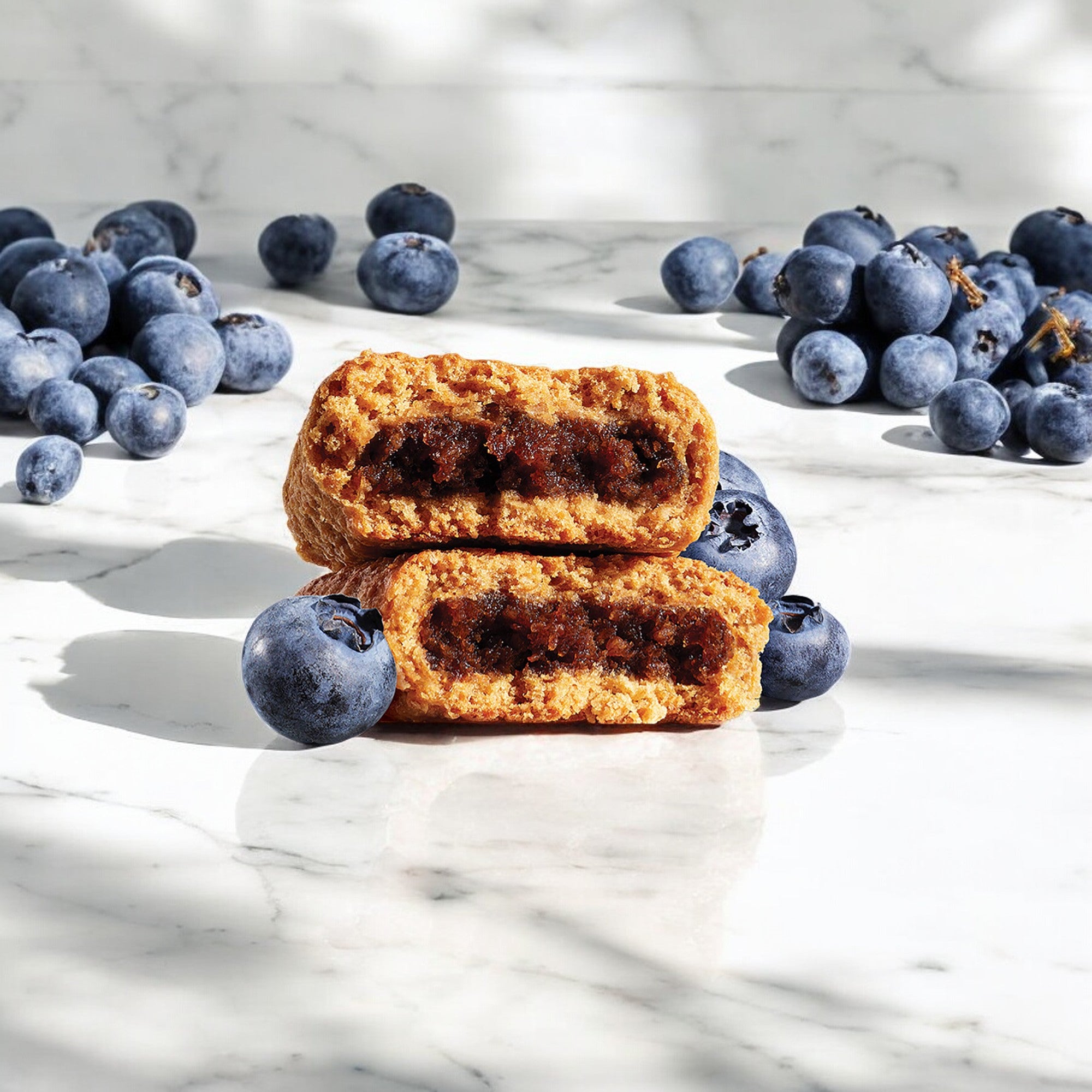 Two delicious Nature's Bakery Blueberry Fig Bars, one with a bite taken out, displayed on a marble surface with clusters of fresh blueberries around them. This gluten-free snack from Nature's Bakery is also Non-GMO Project Verified, making it perfect for a wholesome treat.