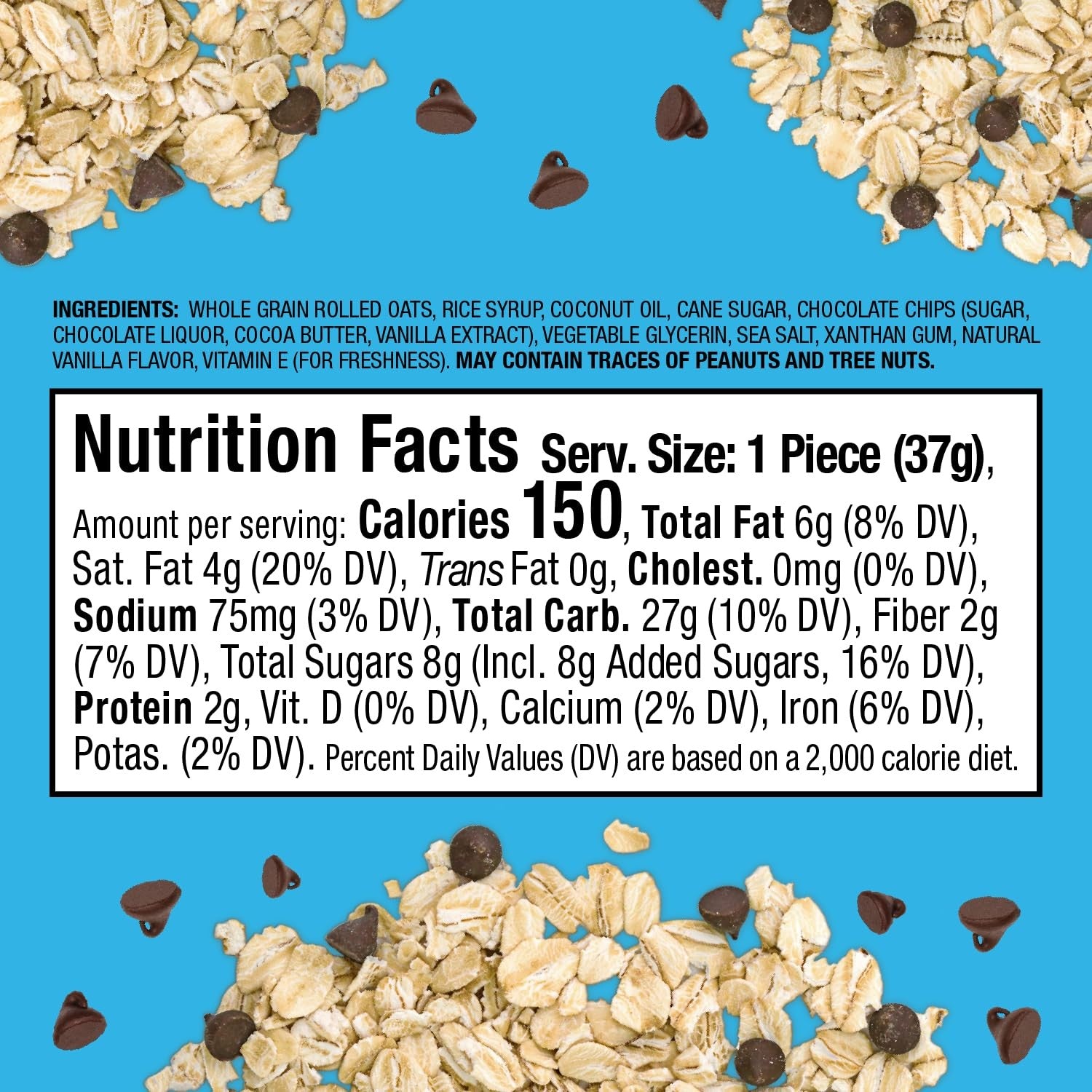 The nutrition facts label for Bobo's Chocolate Chip Oat Bites, 1.3 oz - 1 Count shows 150 calories per serving, detailing its fat, cholesterol, sodium, carbohydrates, fiber, sugars, protein content along with vitamins and minerals. This vegan product features whole grain oats and is gluten-free.