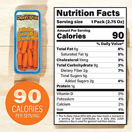 A Dippin’ Stix Baby Carrots & Ranch Dip Snack Pack - 2.75 oz - 1 Count from Dippin' Stix sits next to a nutrition facts table displaying calories, fat, cholesterol, carbohydrates, dietary fiber, sugars, protein, and vitamin content per serving.