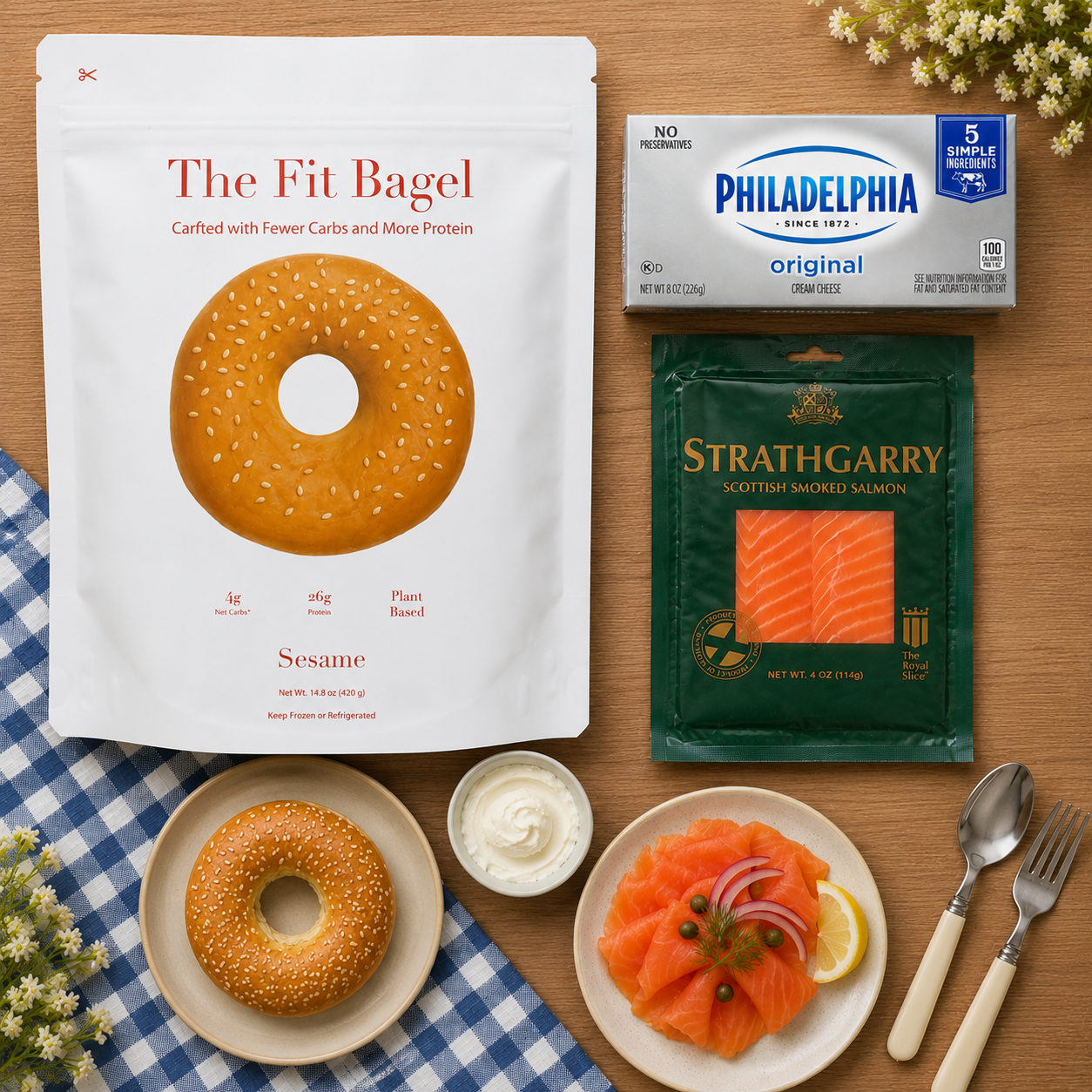 Smoked Salmon Sesame Bagel Combo – Strathgarry Scottish Smoked Salmon, Philadelphia Cream Cheese & Fit Bagel, 3 Count Bundle
