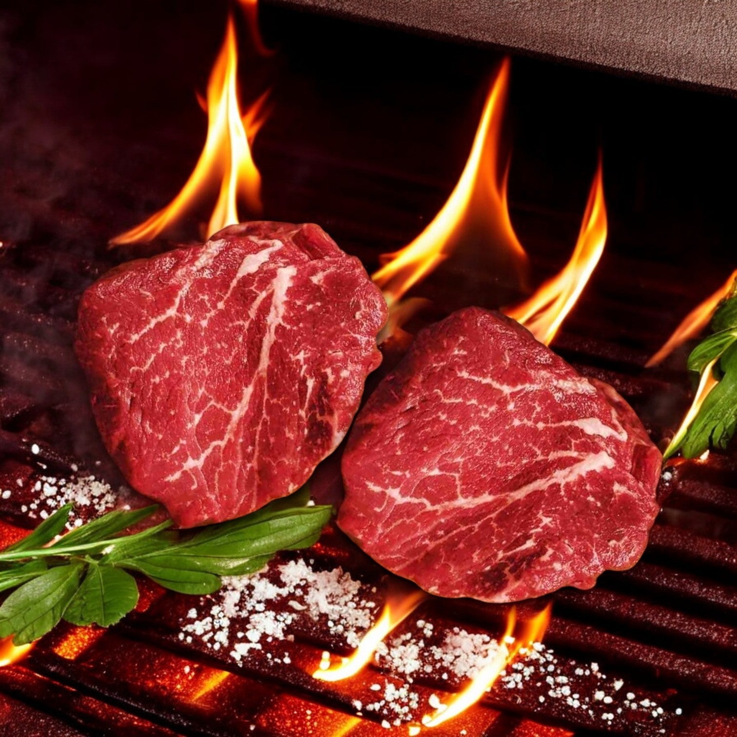 Two Mino Prime Steaks from the Top Seller Box sizzle on the grill amidst dancing flames, garnished with sprigs of green herbs and a sprinkle of coarse salt.