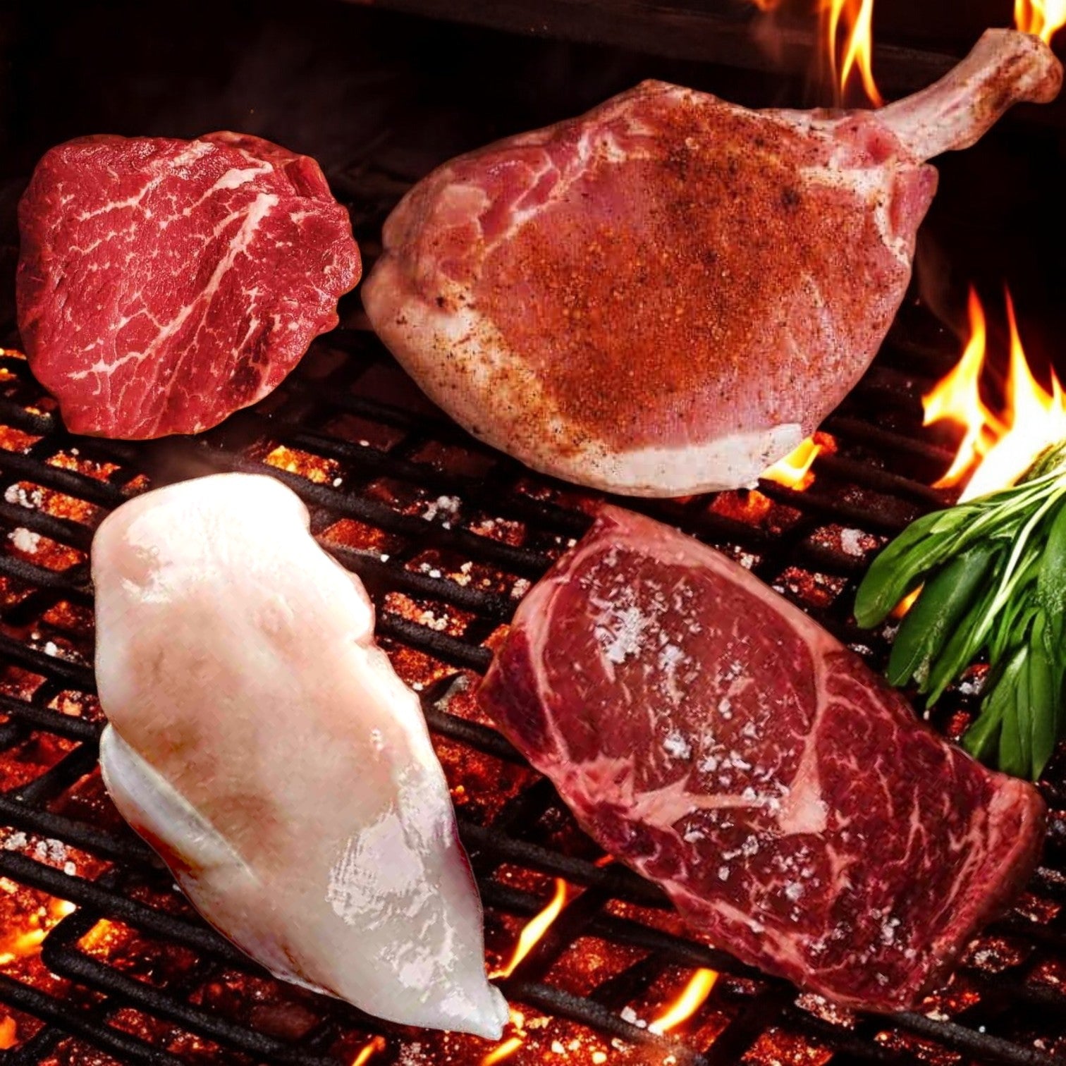 Mino Prime Steaks - Top Seller Box offers a range of uncooked meats including premium Wet-Aged New York Strip, perfect for grilling with flames and green herbs, ensuring each bite is a flavor-packed experience.