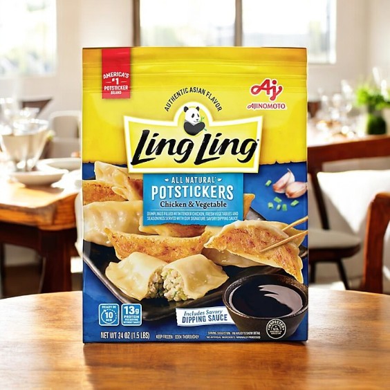 A Ling Ling Potstickers package featuring Chicken & Vegetable-1 Count is on the table, highlighting an Asian-inspired dish with close-up plump potstickers and a dipping sauce in front, ideal for those desiring frozen dumplings with flair.