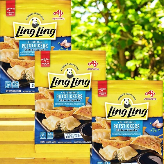 Three packages of Ling Ling Potstickers, Chicken & Vegetable, by ling, are displayed in bright yellow packaging and come with a tasty dipping sauce.