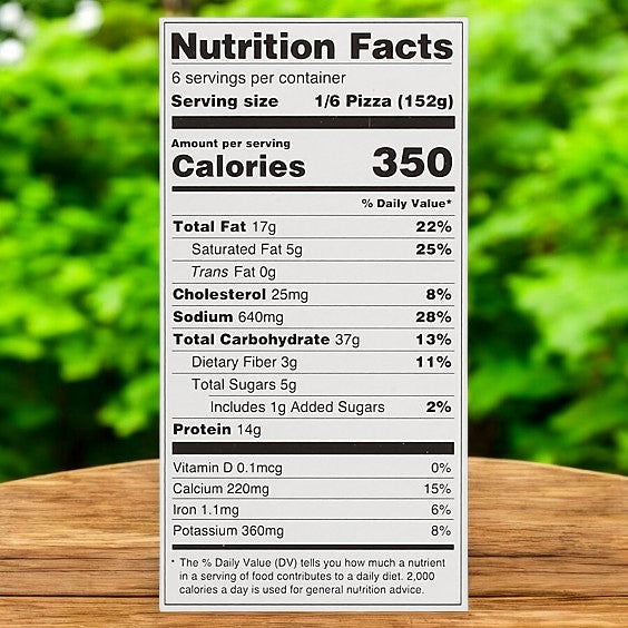 On a wooden surface, a nutrition label for Gino's East Pizza Chicago Deep Dish Sausage (32 Oz-1 Count) shows 350 calories, 17g total fat, 640mg sodium, 37g carbohydrates, and 15g protein per 1/6 serving—deliciously indulgent with crumbled sausage!.