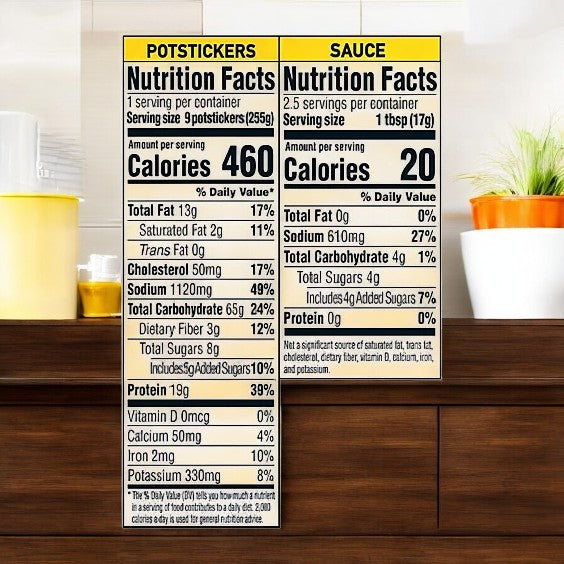 Nutrition facts for Ling Ling Potstickers, Chicken & Vegetable- 1 Count by ling displayed on a wooden surface: Potstickers have 460 calories and the sauce has 20 calories.