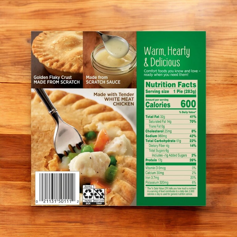 The back of a Marie Callender's Chicken Pot Pies box features an image of a baked pie and a spoon filled with rich sauce, alongside nutritional facts, a barcode, and text promoting the pot pies as having homemade quality. The packaging highlights nutritious ingredients and easy preparation, ideal for those seeking comforting meals without the hassle. Each pack contains 8 frozen chicken pot pies from the trusted brand Marie Callender's.