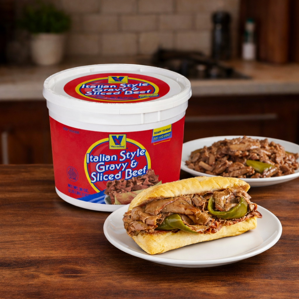 Vienna Beef Italian Style Gravy & Sliced Beef – Fully Cooked Sandwich Filling (Bulk Tub)