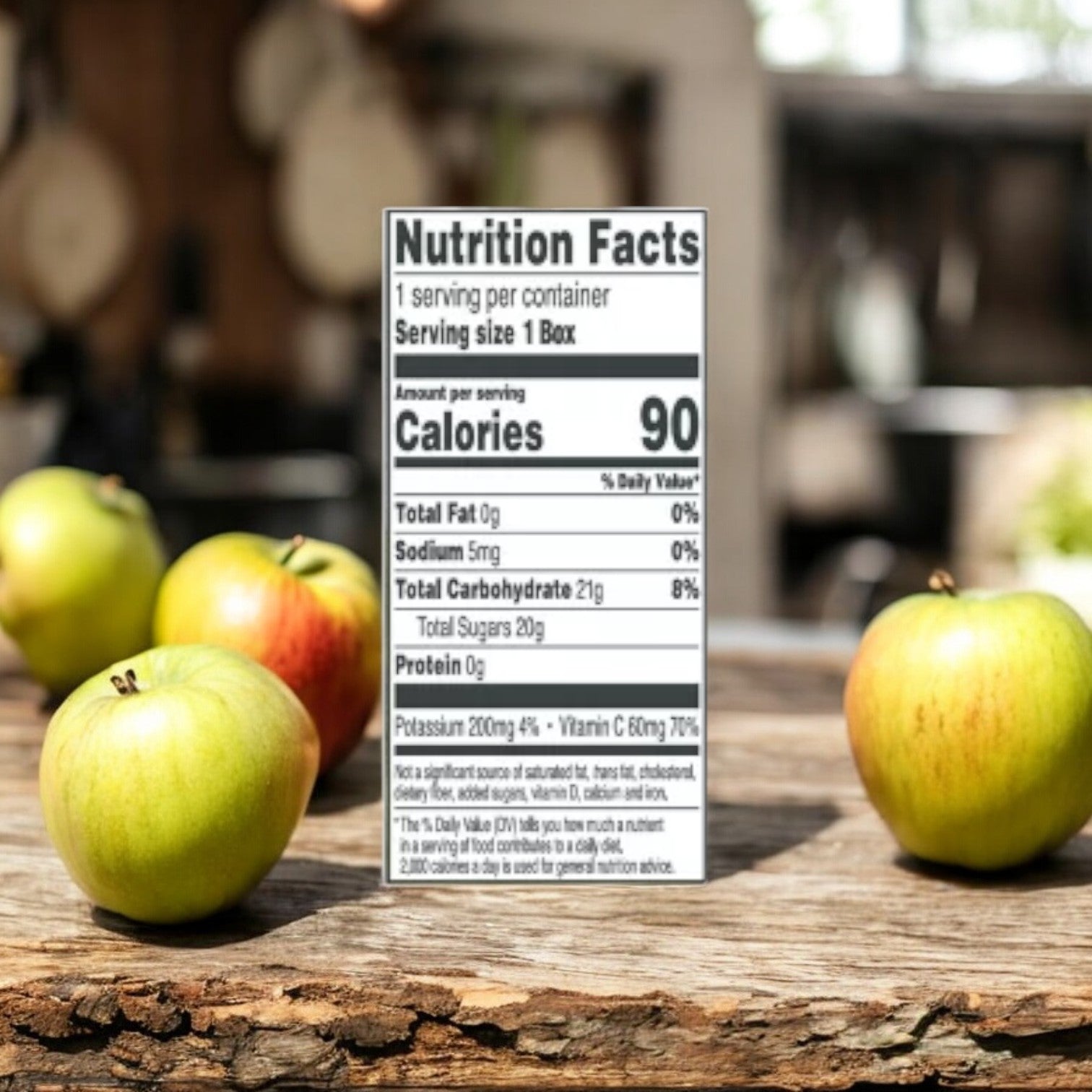 A nutrition facts label showcasing 90 calories per serving is in focus against a wooden table and apples backdrop, suggesting a healthy beverage option like Apple & Eve's Adam and Eve Apple Juice, Apple Flavor, 6.75 fl oz.