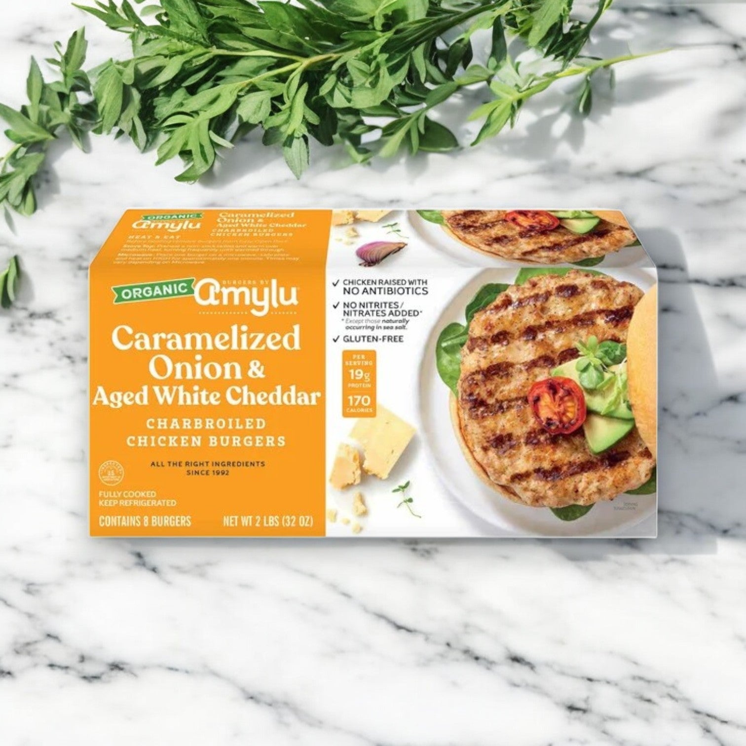 Amylu Organic Chicken Burger with Caramelized Onion & Aged White Cheddar – 32 oz, 24-Count