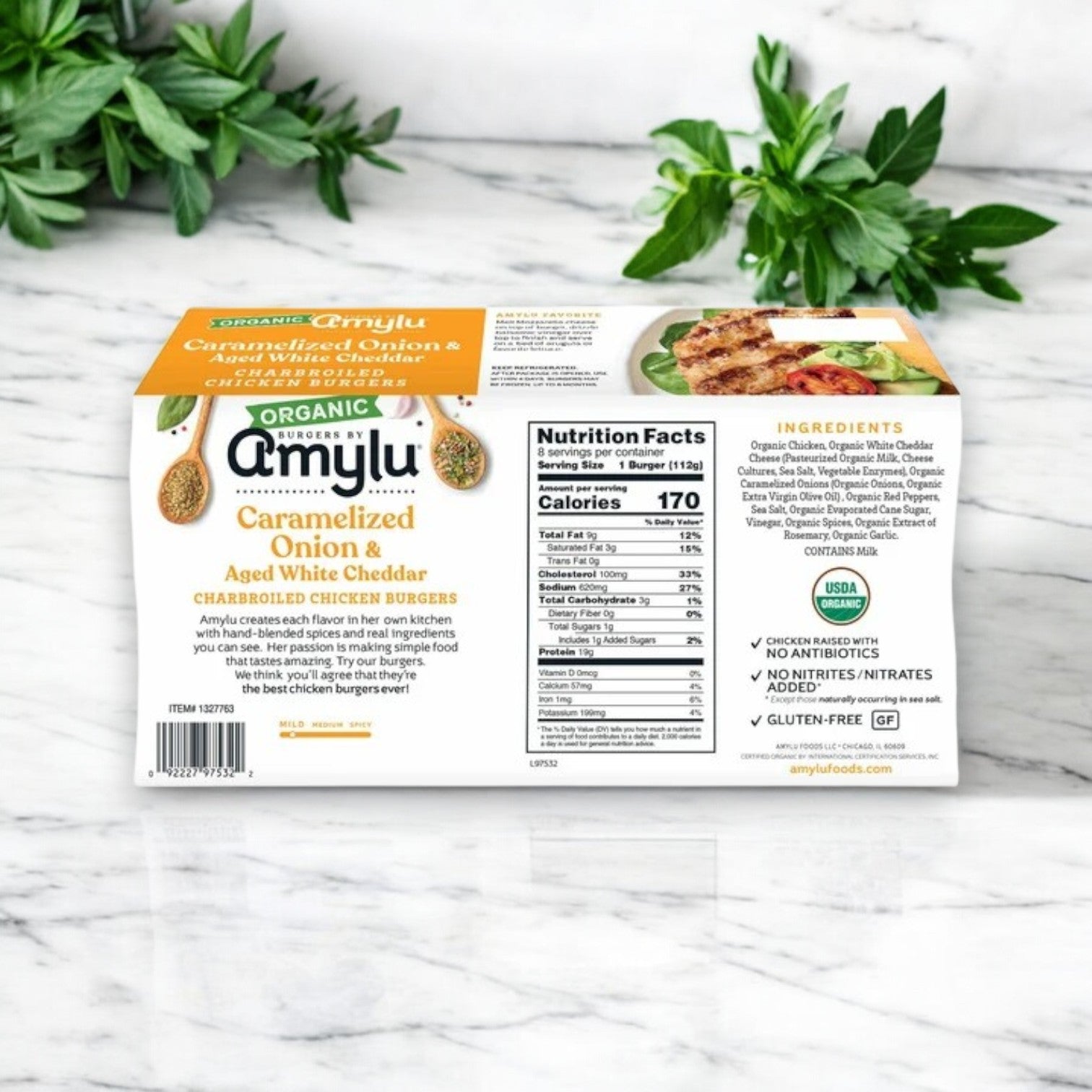 Amylu Organic Chicken Burger with Caramelized Onion & Aged White Cheddar (32 oz, 8-Count)