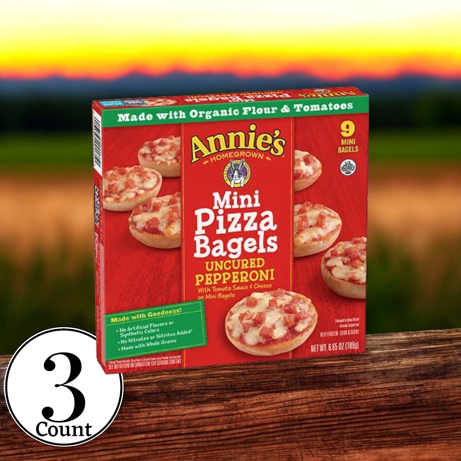 Package of Annie's Uncured Pepperoni Mini Pizza Bagels, 6.65 oz., with whole grain bagels and prominently showcasing "3 Boxes" at the bottom left corner.