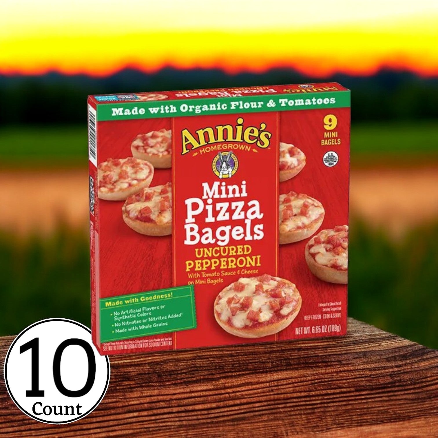 Annie's Uncured Pepperoni Mini Pizza Bagels, presented in 10 total boxes weighing 6.65 oz each, feature nine tasty whole grain bagels crafted with organic flour and tomatoes per box. A noticeable "10 Count" label is prominently shown on the packaging.