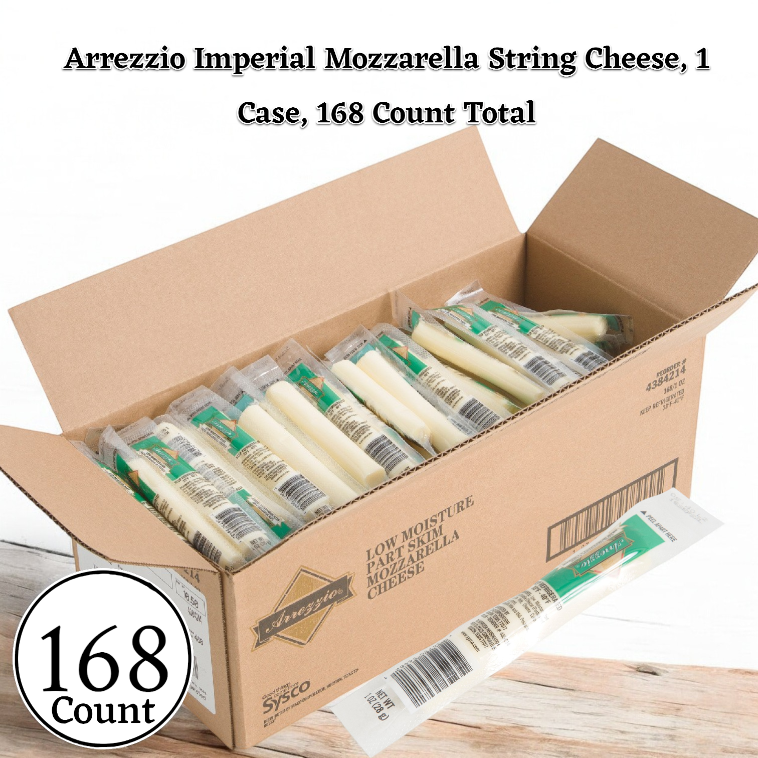 Open cardboard box containing 168 count of individually wrapped Arrezzio Imperial Cheese Mozzarella String sticks, 1 oz. each, a high-protein snack in convenient packaging.