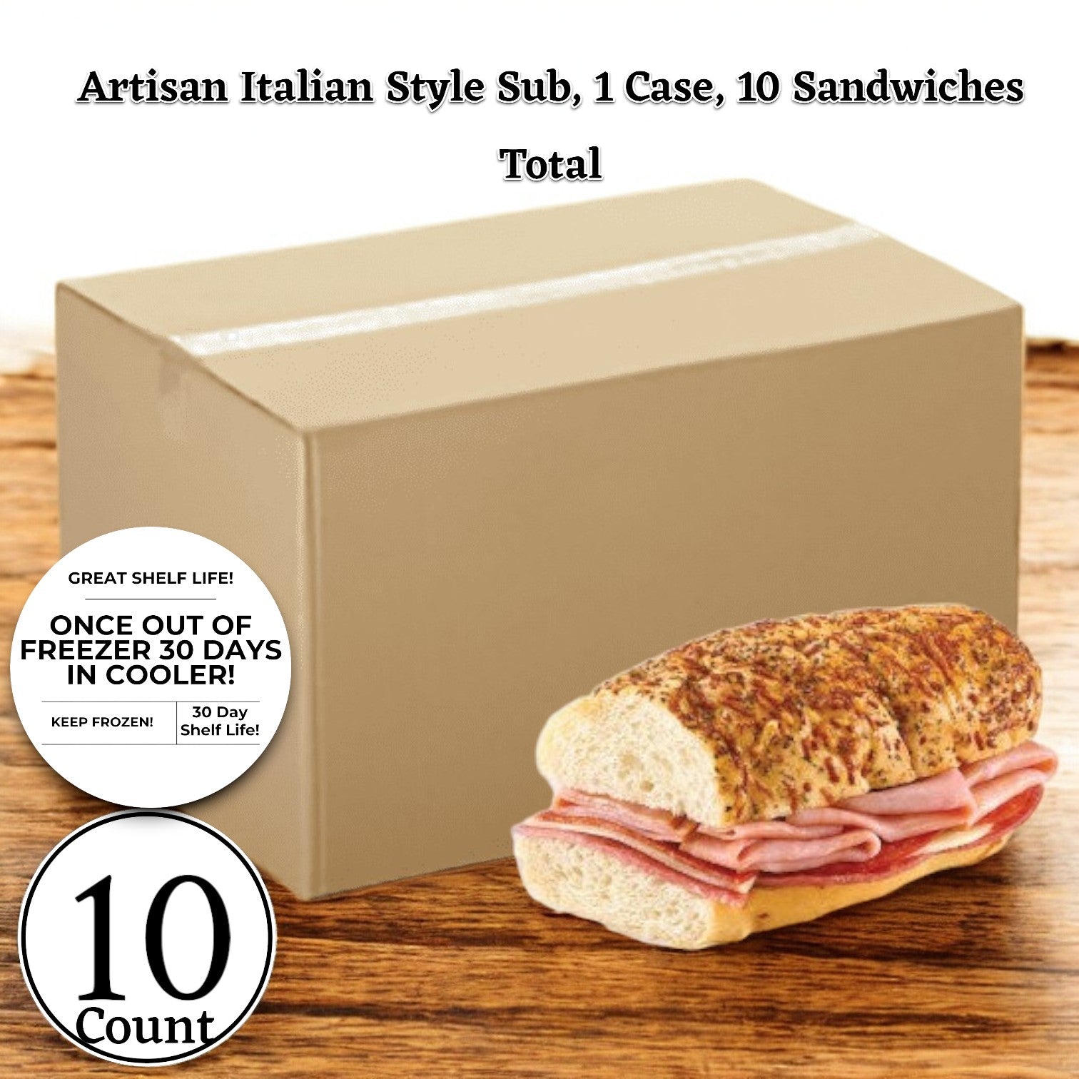 Box of 10 E.A. Sween Artisan Italian Style Subs with fresh vegetables and provolone cheese, including one sandwich for display. Each package is labeled "Once out of freezer 30 days in cooler" and boasts a great shelf life!