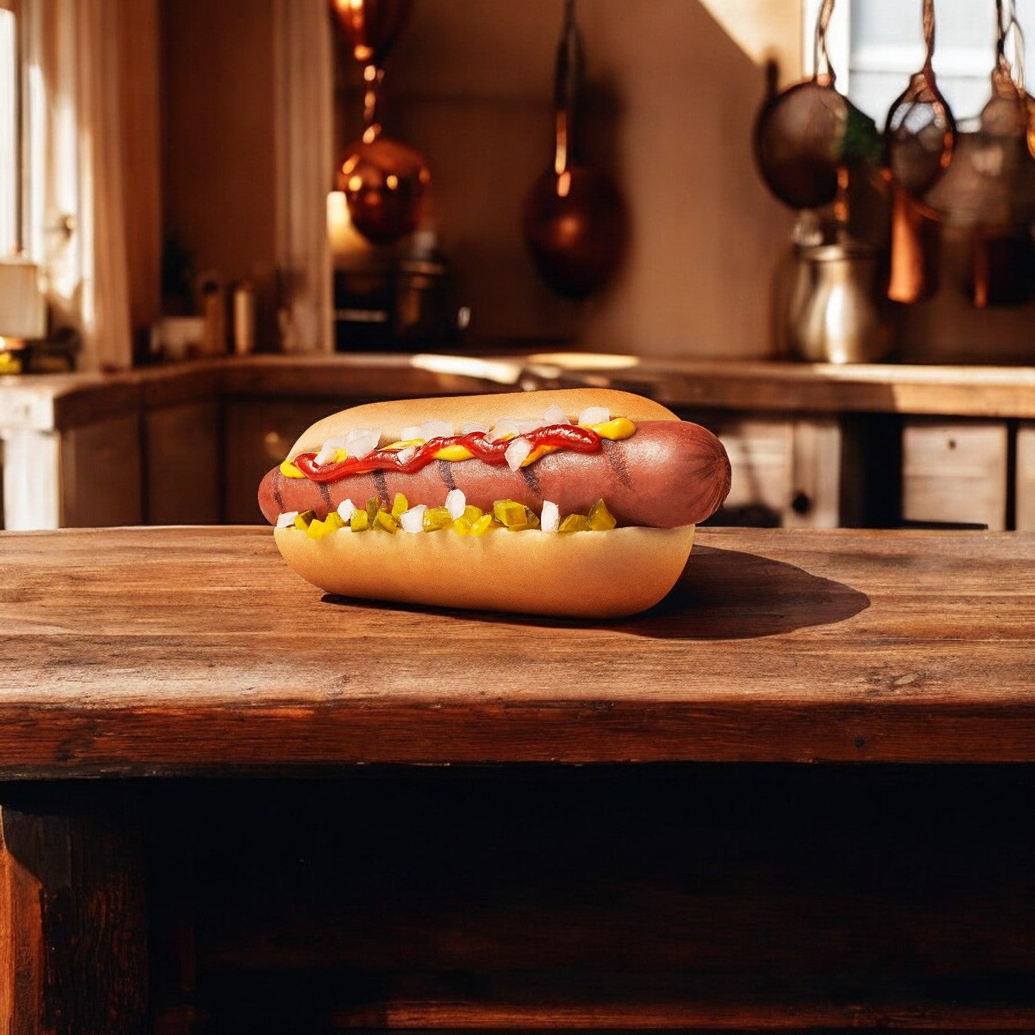 Three packs (72 total) of Easy Lunches Ball Park Beef Franks are arranged with mustard, chopped onions, and ketchup on a wooden counter, perfect for grilling season.