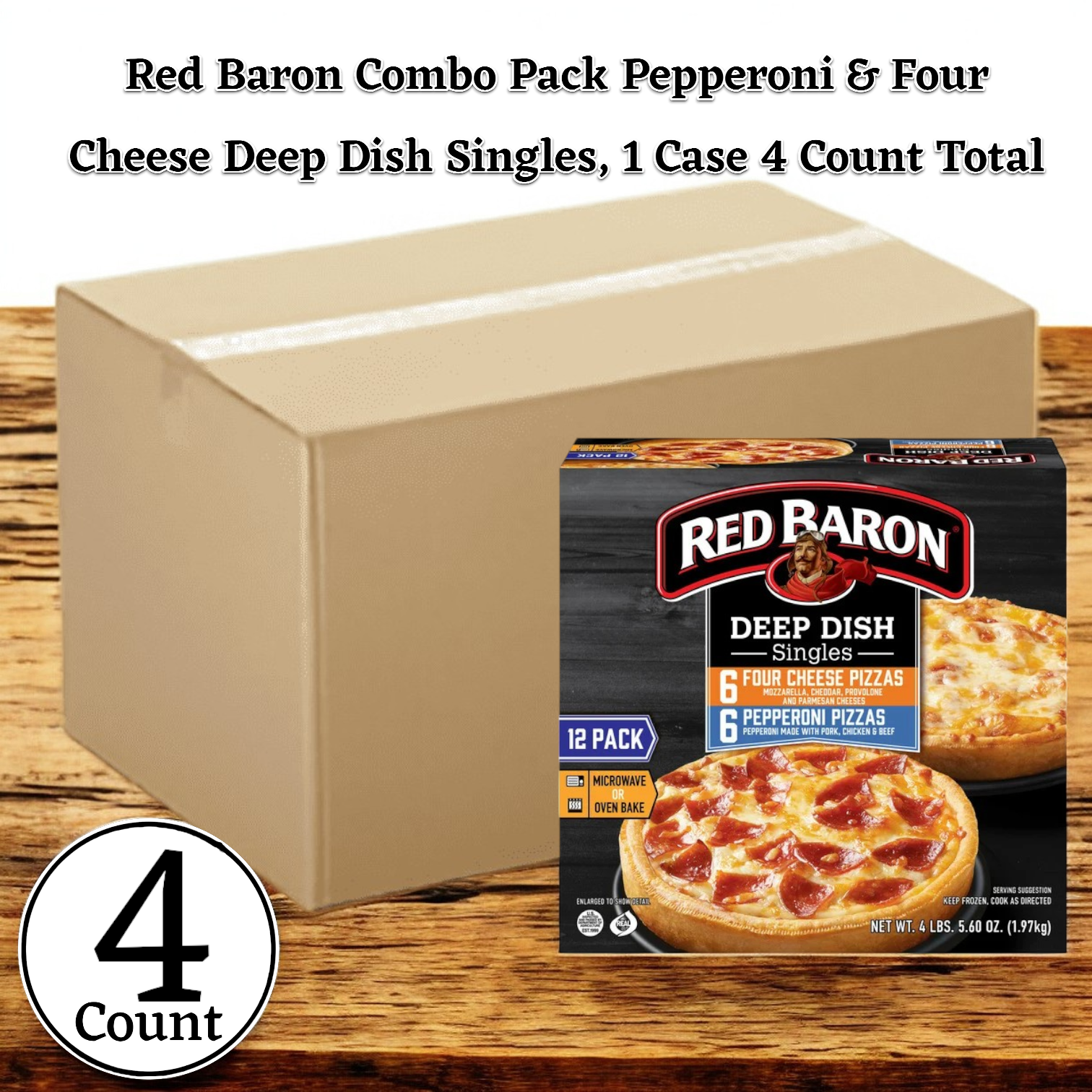 Cardboard box containing Red Baron Frozen Pizza Deep Dish Singles - 1 Case, with 4 Packs totaling 48 pizzas. Enjoy pepperoni and four cheese varieties, each with a crispy thick crust for a quick and satisfying meal.