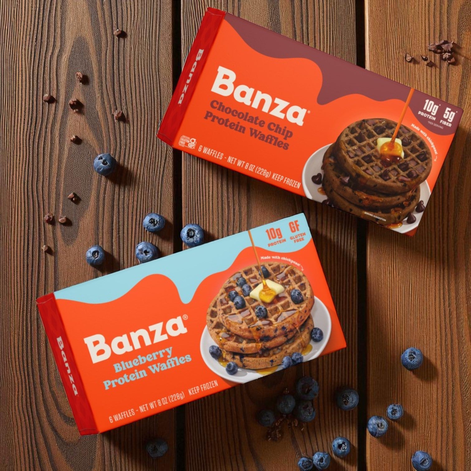 Banza Waffle Combo: Blueberry Protein Waffles & Chocolate Chip Protein Waffles – Gluten Free, Lower Carb, High Protein, 6-Pack Each (8 oz. per Pack)