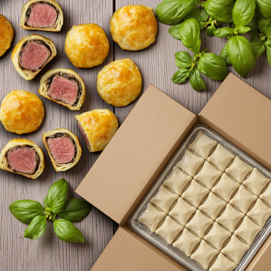 An open box of uncooked dumplings is displayed beside Sysco Beef Wellington Appetizers – 100 Count (Case) and fresh basil, creating a tempting catering spread on a rustic wooden surface.