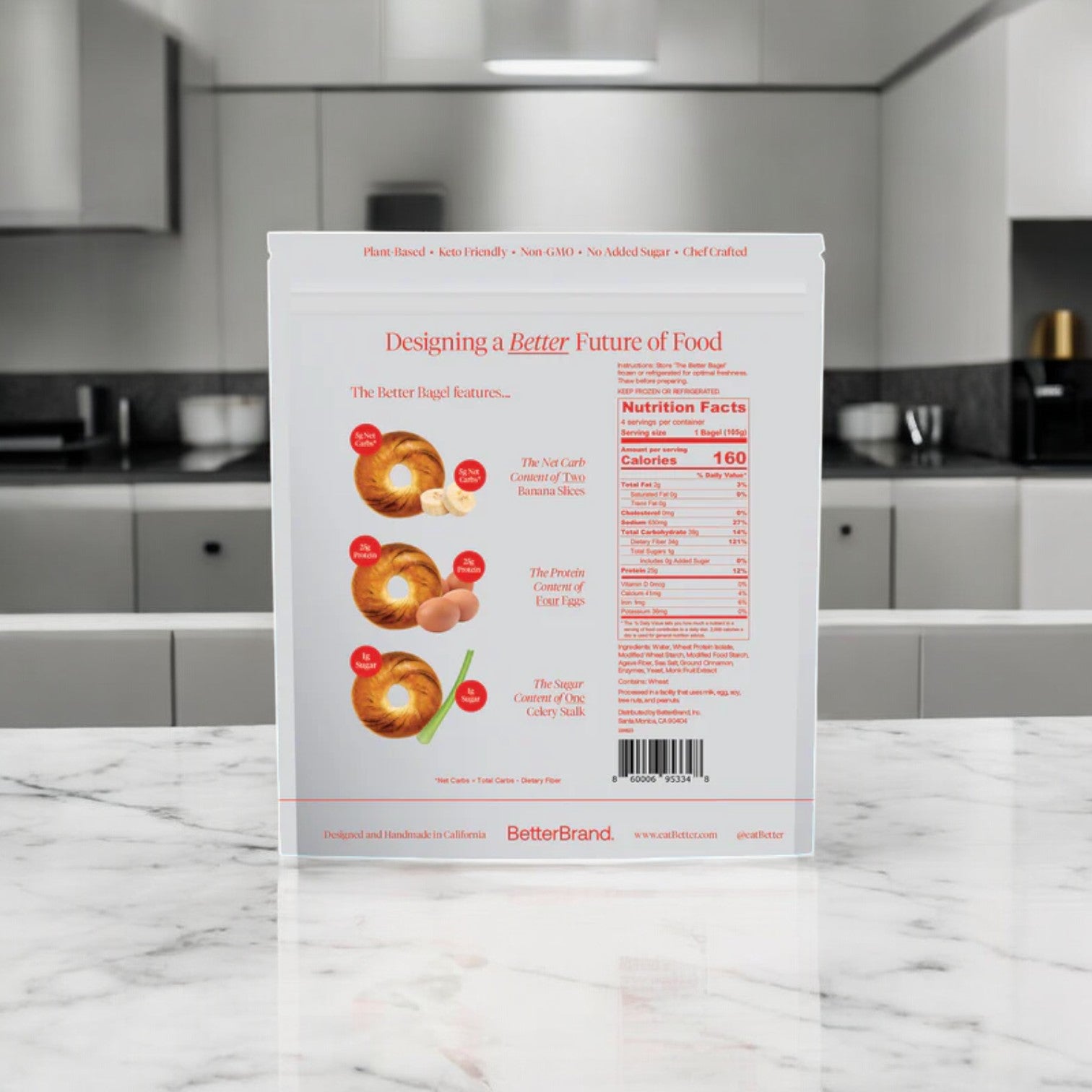 A product box on the kitchen counter highlights the nutritional facts and features of BetterBrand's The Cinnamon Better Bagel, an ideal choice for your breakfast snacks.